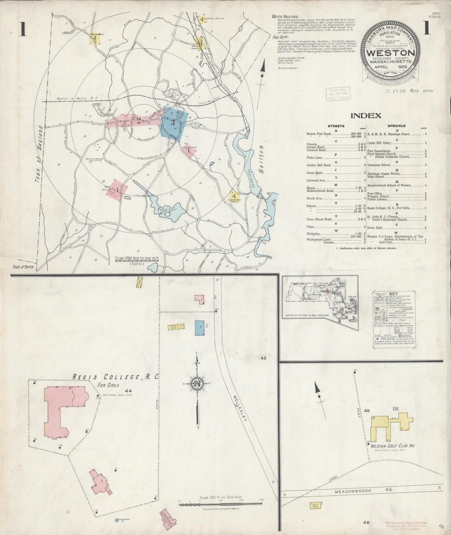 Sanborn Fire Insurance Map from Weston, Middlesex County, Massachusetts (1929), Sheet #0001 - Historic Sanborn Fire Insurance Map Print, vintage old map wall art, antique decor, genealogy gift, Massachusetts Massachusetts map