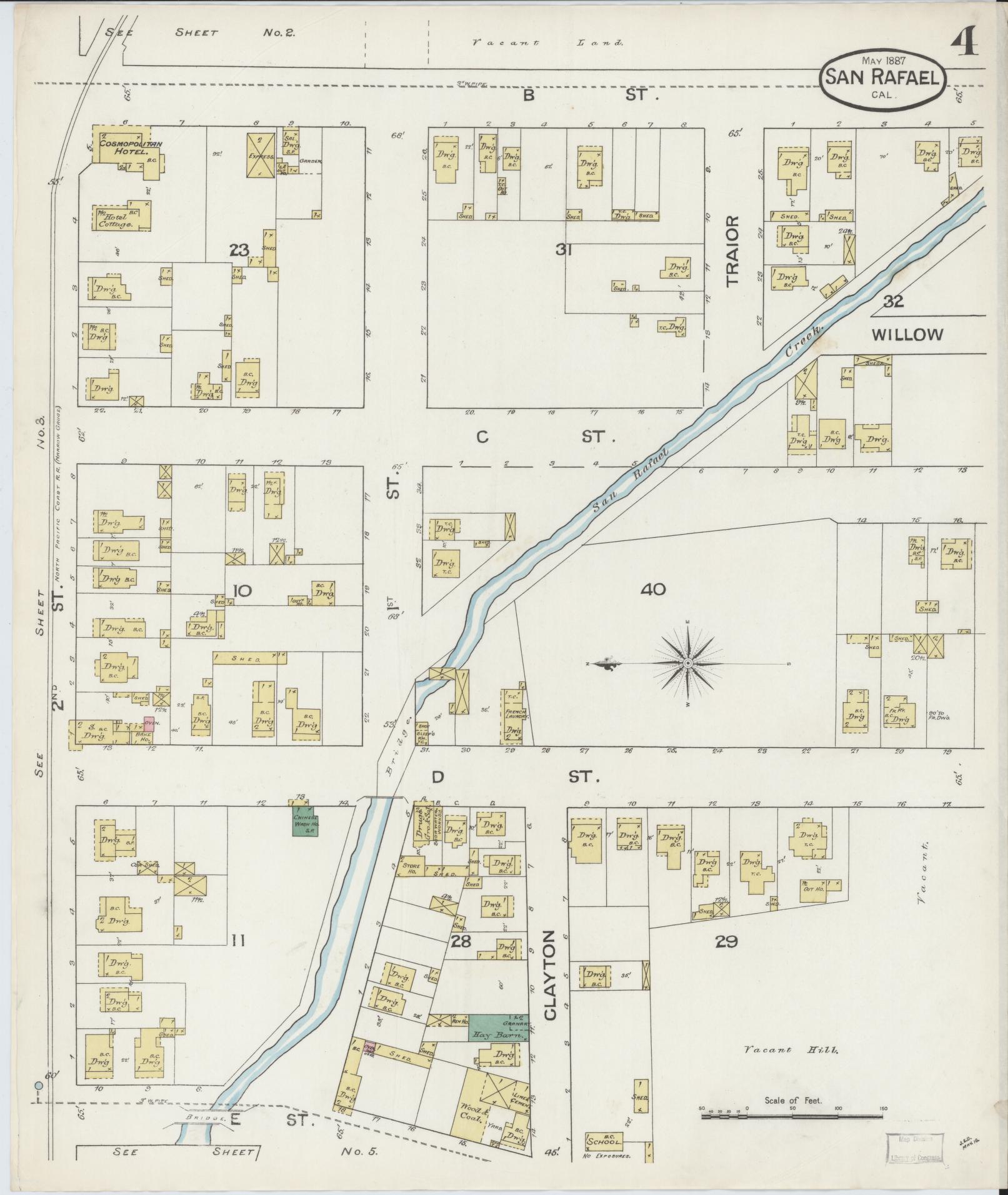 Sanborn Fire Insurance Map from San Rafael, Marin County, California (1887), Sheet #0004 - Complete Map Set gallery image, historic Sanborn map, vintage wall art, California California
