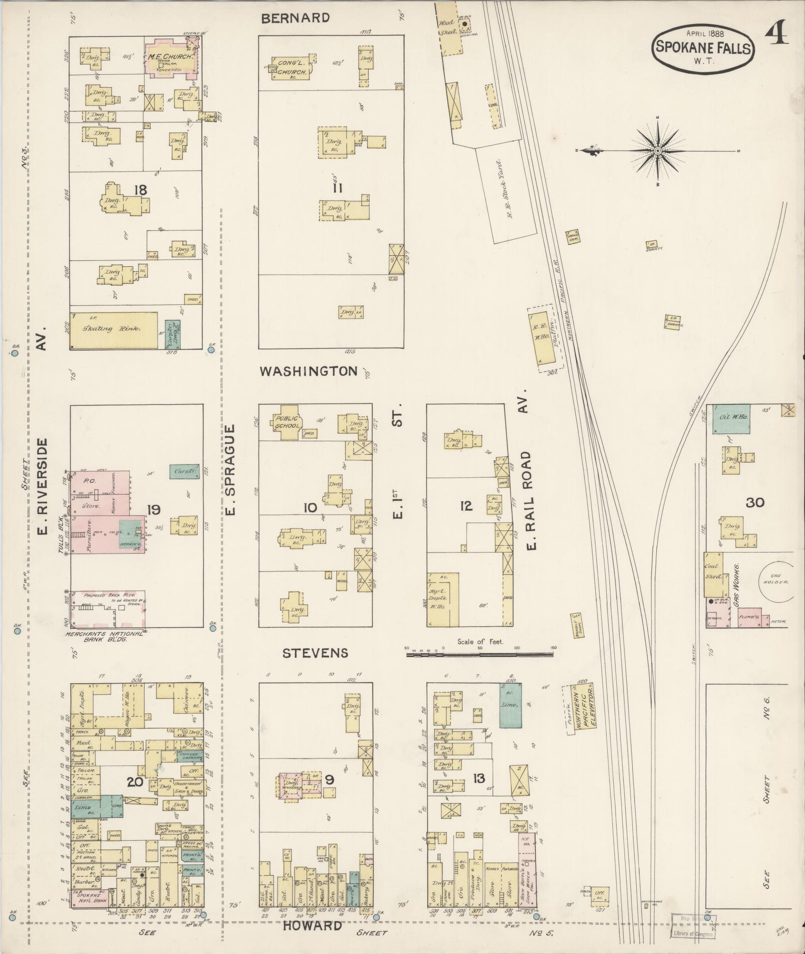 Sanborn Fire Insurance Map from Spokane, Spokane County, Washington (1888), Sheet #0004 - Complete Map Set gallery image, historic Sanborn map, vintage wall art, Washington Washington