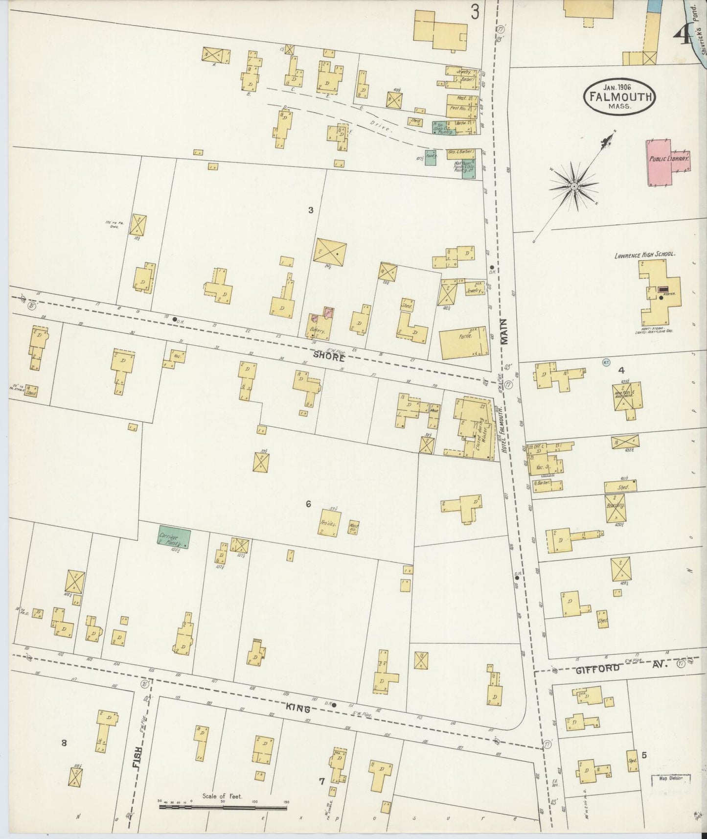 Sanborn Fire Insurance Map from Falmouth, Barnstable County, Massachusetts (1906), Sheet #0004 - Complete Map Set gallery image, historic Sanborn map, vintage wall art, Massachusetts Massachusetts