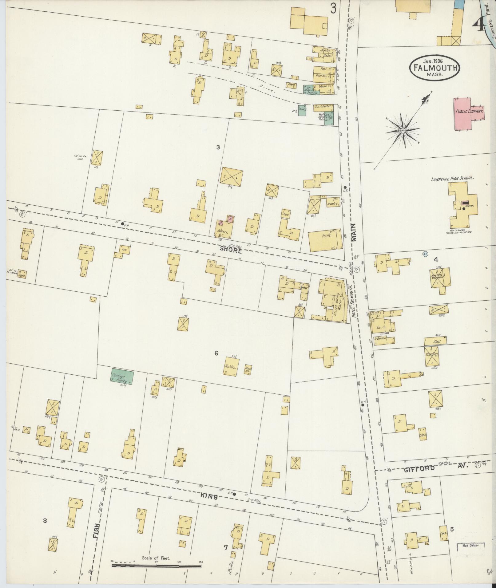 Sanborn Fire Insurance Map from Falmouth, Barnstable County, Massachusetts (1906), Sheet #0004 - Complete Map Set gallery image, historic Sanborn map, vintage wall art, Massachusetts Massachusetts