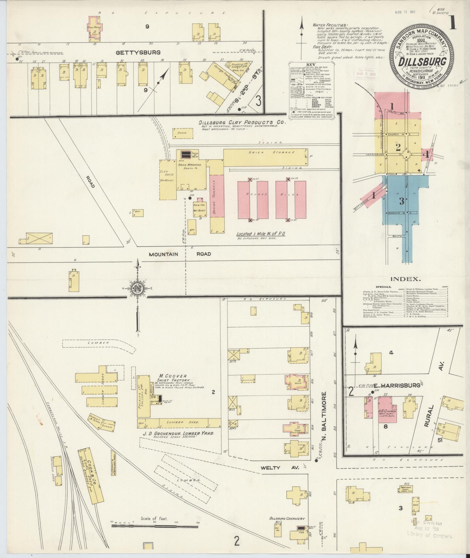 Sanborn Fire Insurance Map from Dillsburg, York County, Pennsylvania (1911), Sheet #0001 - Historic Sanborn Fire Insurance Map Print, vintage old map wall art, antique decor, genealogy gift, Pennsylvania Pennsylvania map