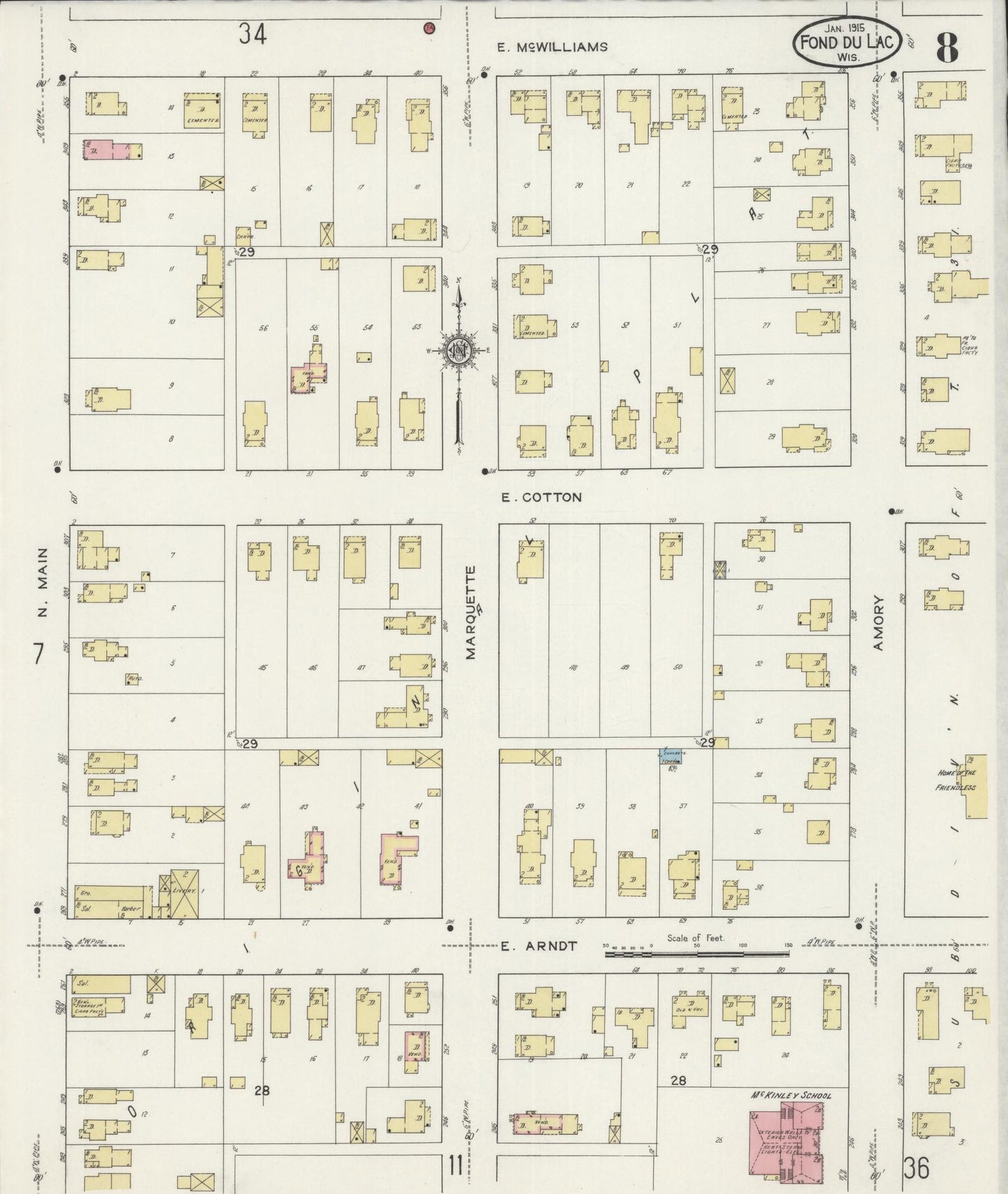 Sanborn Fire Insurance Map from Fond du Lac, Fond du Lac County, Wisconsin (1915), Sheet #0008 - Historic Sanborn Fire Insurance Map Print, vintage old map wall art, antique decor, genealogy gift, Wisconsin Wisconsin map