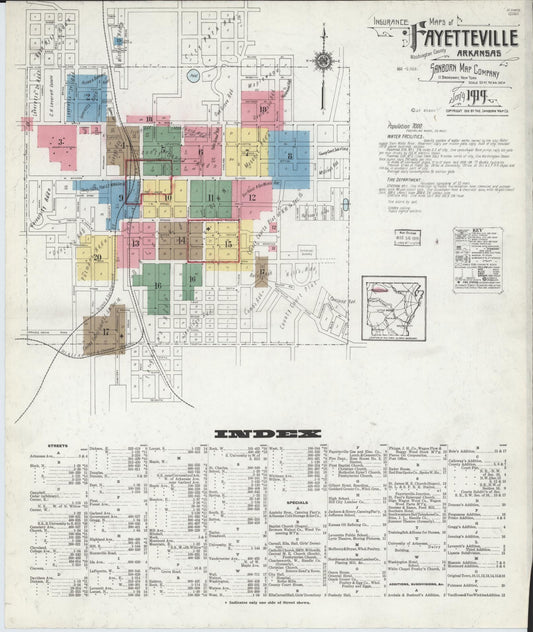 Sanborn Fire Insurance Map from Fayetteville, Washington County, Arkansas (1919), Sheet #0001 - Historic Sanborn Fire Insurance Map Print, vintage old map wall art, antique decor, genealogy gift, Arkansas Arkansas map