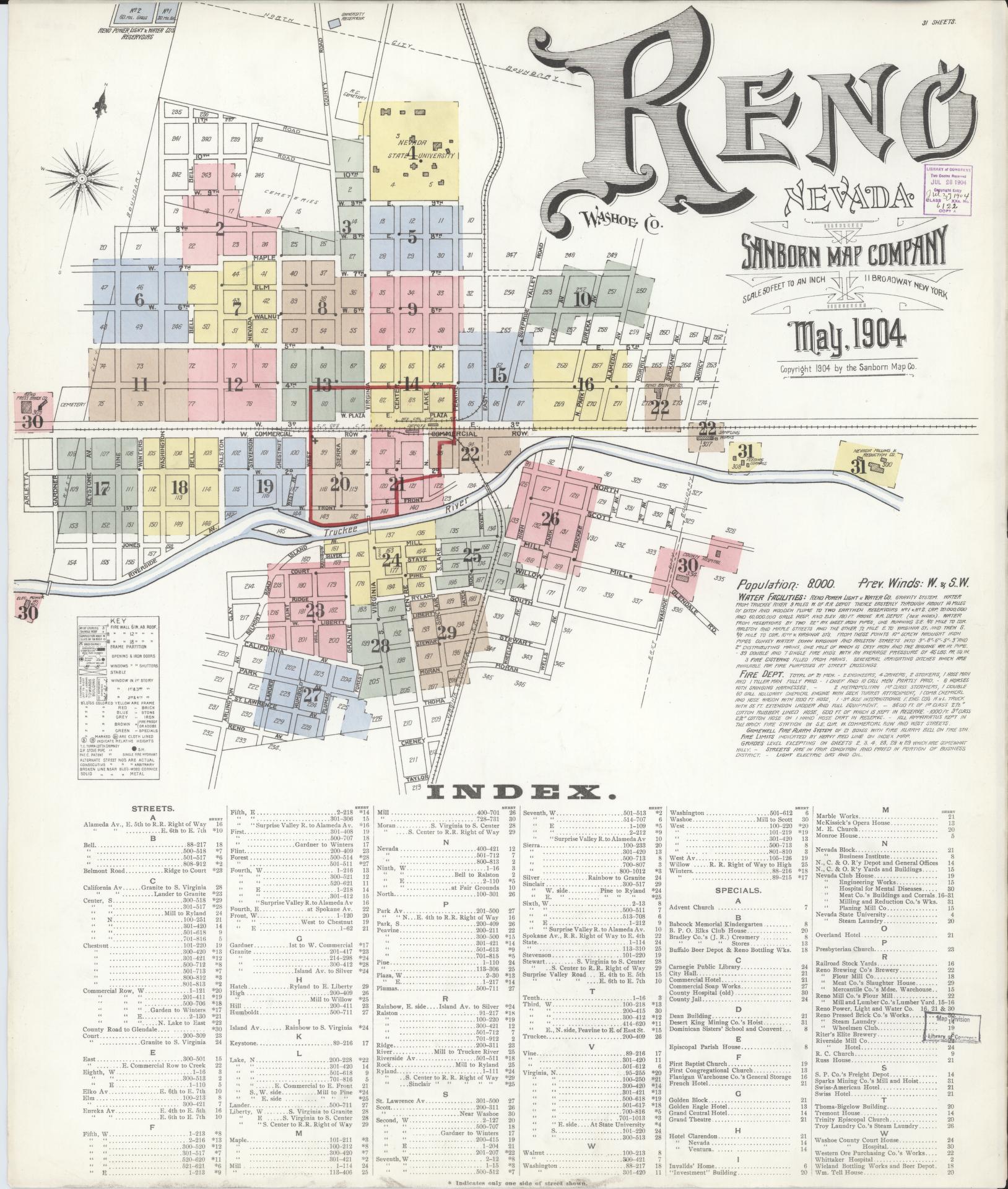 Sanborn Fire Insurance Map from Reno, Washoe County, Nevada (1904), Sheet #0001 - Complete Map Set gallery image, historic Sanborn map, vintage wall art, Nevada Nevada