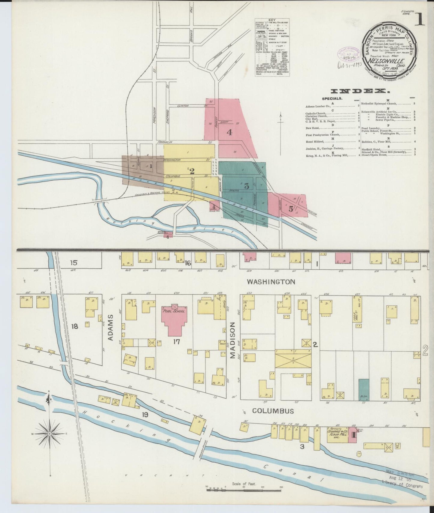 Sanborn Fire Insurance Map from Nelsonville, Athens County, Ohio (1893), Sheet #0001 - Historic Sanborn Fire Insurance Map Print, vintage old map wall art, antique decor, genealogy gift, Ohio Ohio map