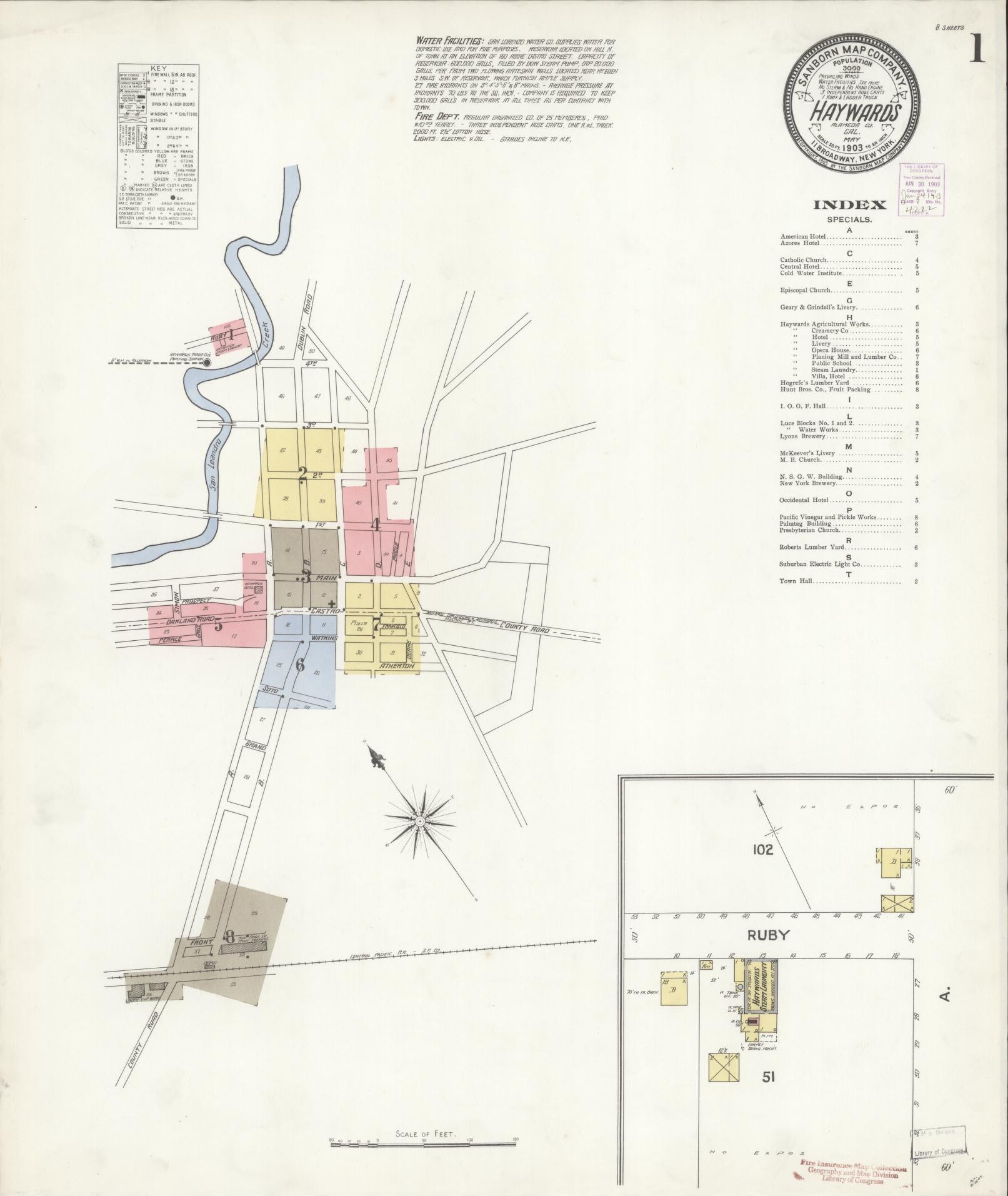 Sanborn Fire Insurance Map from Hayward, Alameda County, California (1903), Sheet #0001 - Historic Sanborn Fire Insurance Map Print, vintage old map wall art, antique decor, genealogy gift, California California map