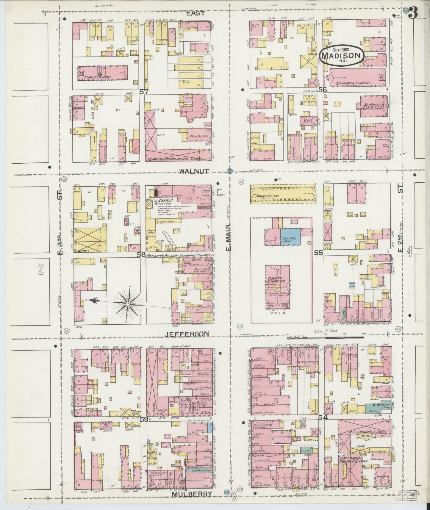 Sanborn Fire Insurance Map from Madison, Jefferson County, Indiana (1892), Sheet #0003 - Historic Sanborn Fire Insurance Map Print, vintage old map wall art, antique decor, genealogy gift, Indiana Indiana map