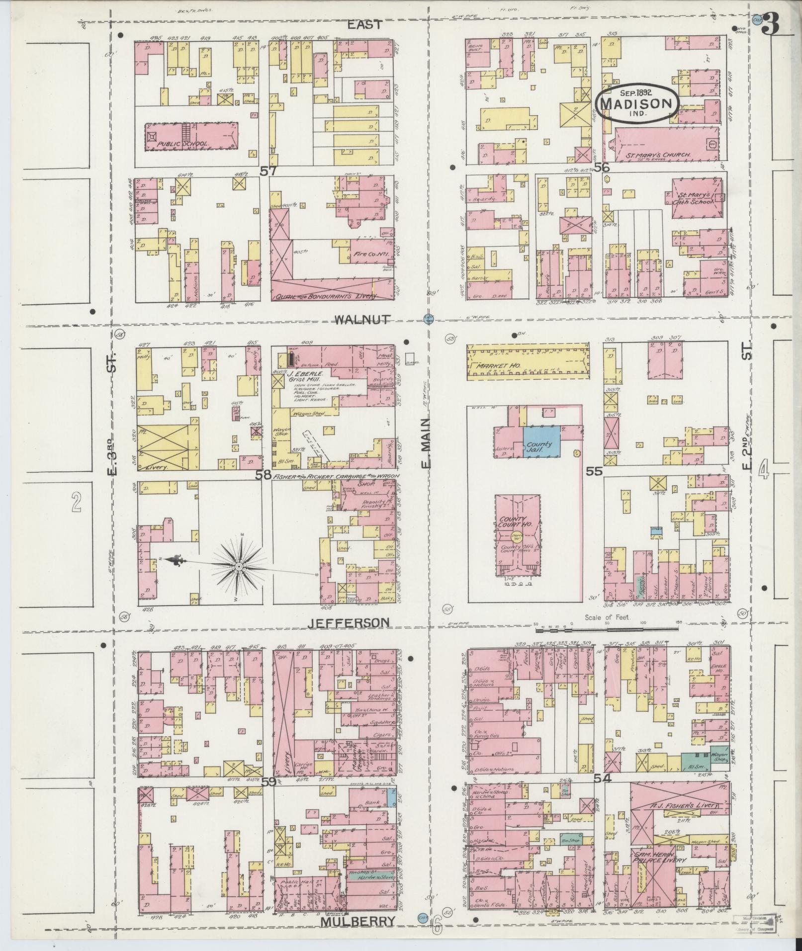 Sanborn Fire Insurance Map from Madison, Jefferson County, Indiana (1892), Sheet #0003 - Historic Sanborn Fire Insurance Map Print, vintage old map wall art, antique decor, genealogy gift, Indiana Indiana map