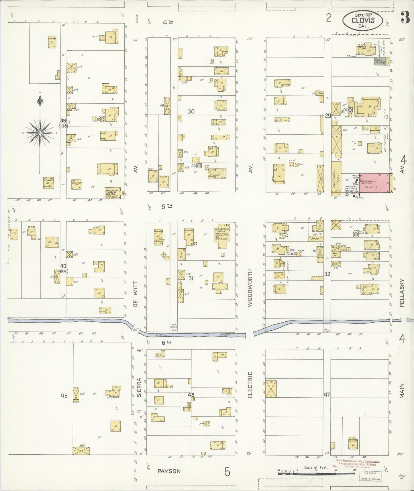 Sanborn Fire Insurance Map from Clovis, Fresno County, California (1907), Sheet #0003 - Complete Map Set gallery image, historic Sanborn map, vintage wall art, California California