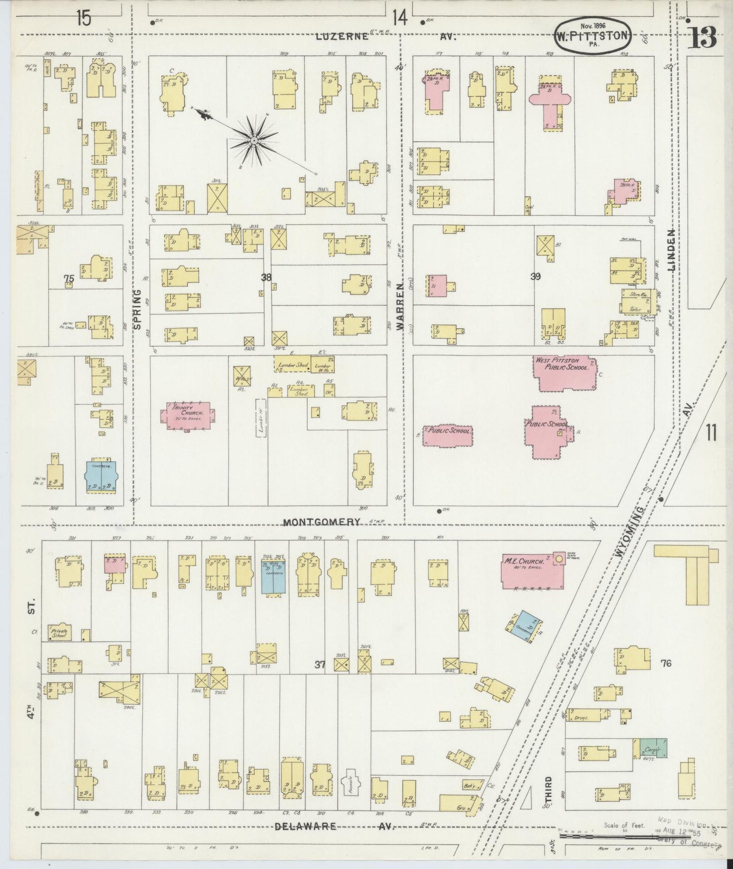 Sanborn Fire Insurance Map from Pittston, Luzerne County, Pennsylvania (1896), Sheet #0013 - Complete Map Set gallery image, historic Sanborn map, vintage wall art, Pennsylvania Pennsylvania