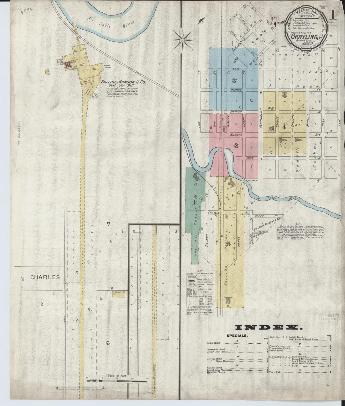 Sanborn Fire Insurance Map from Grayling, Crawford County, Michigan (1894), Sheet #0001 - Historic Sanborn Fire Insurance Map Print, vintage old map wall art, antique decor, genealogy gift, Michigan Michigan map