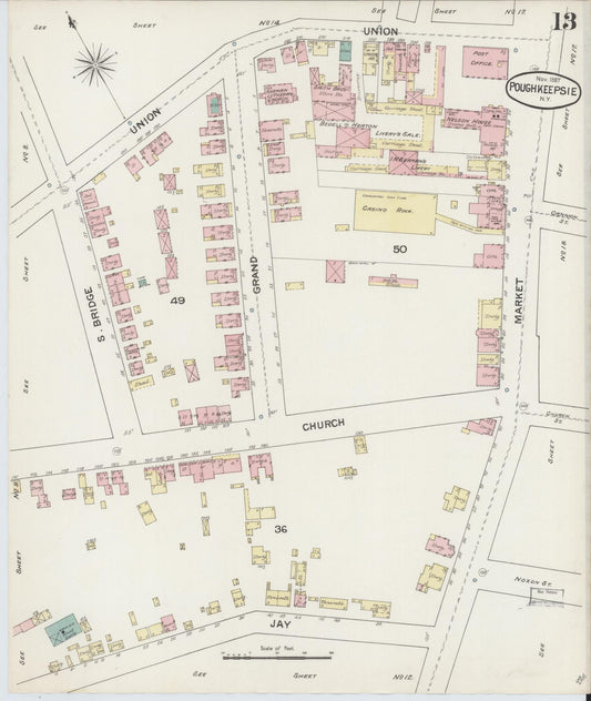 Sanborn Fire Insurance Map from Poughkeepsie, Dutchess County, New York (1887), Sheet #0013 - Historic Sanborn Fire Insurance Map Print, vintage old map wall art, antique decor, genealogy gift, New York New York map