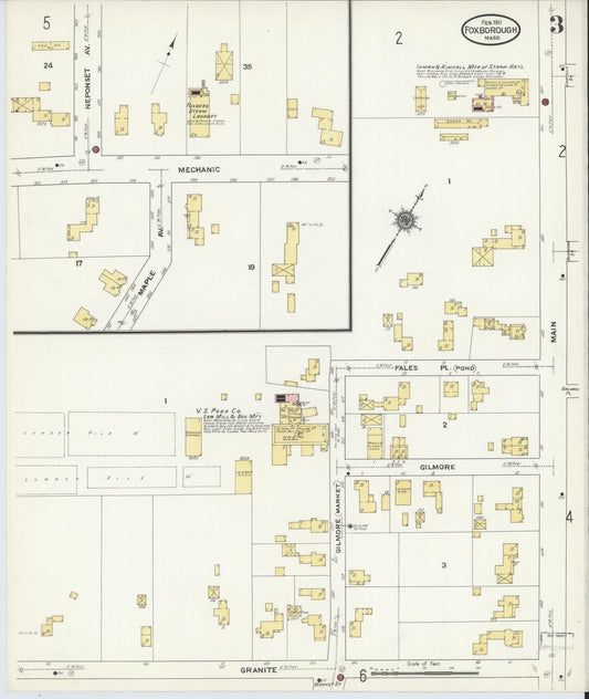 Sanborn Fire Insurance Map from Foxboro, Norfolk County, Massachusetts (1911), Sheet #0003 - Historic Sanborn Fire Insurance Map Print, vintage old map wall art, antique decor, genealogy gift, Massachusetts Massachusetts map