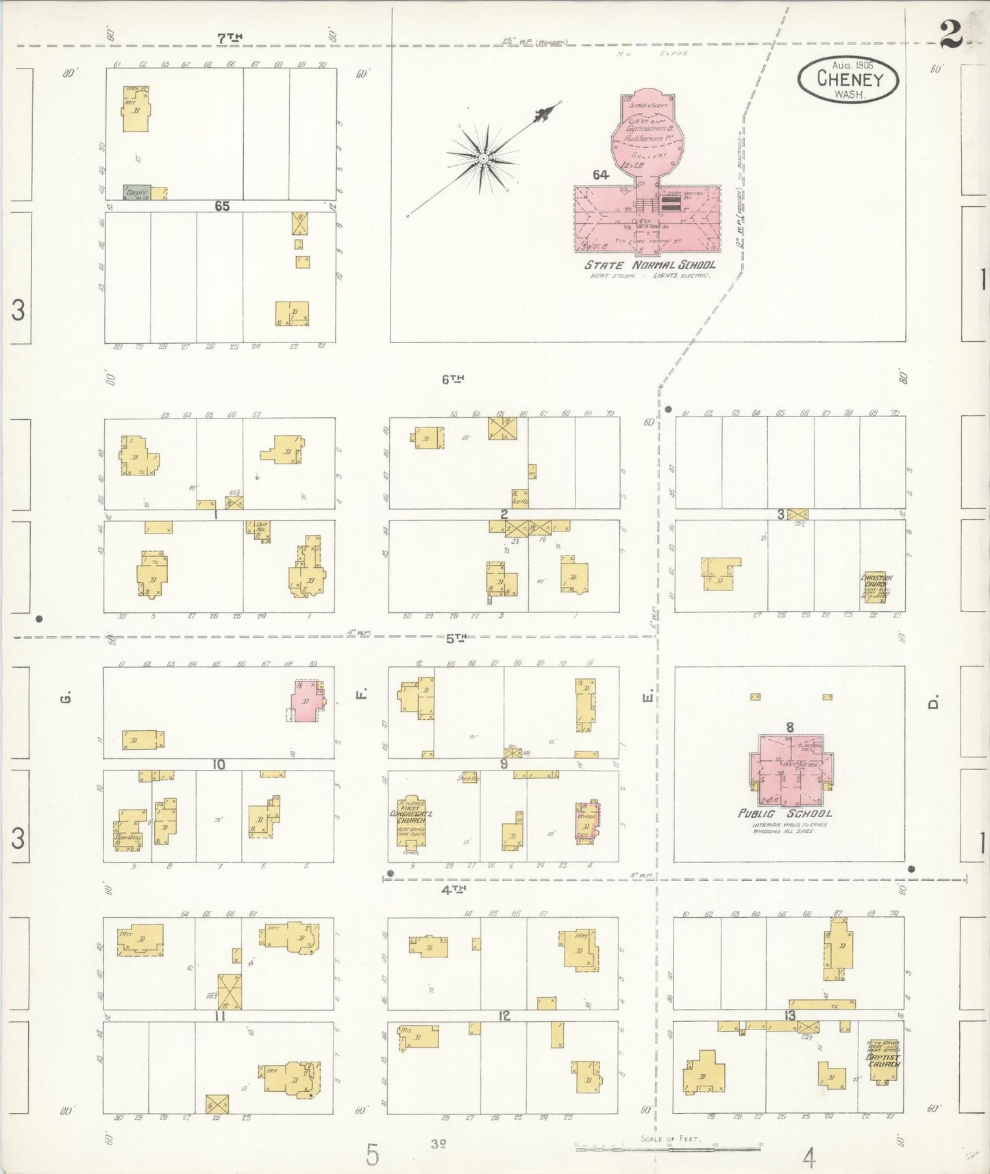 Sanborn Fire Insurance Map from Cheney, Spokane County, Washington (1905), Sheet #0002 - Complete Map Set gallery image, historic Sanborn map, vintage wall art, Washington Washington