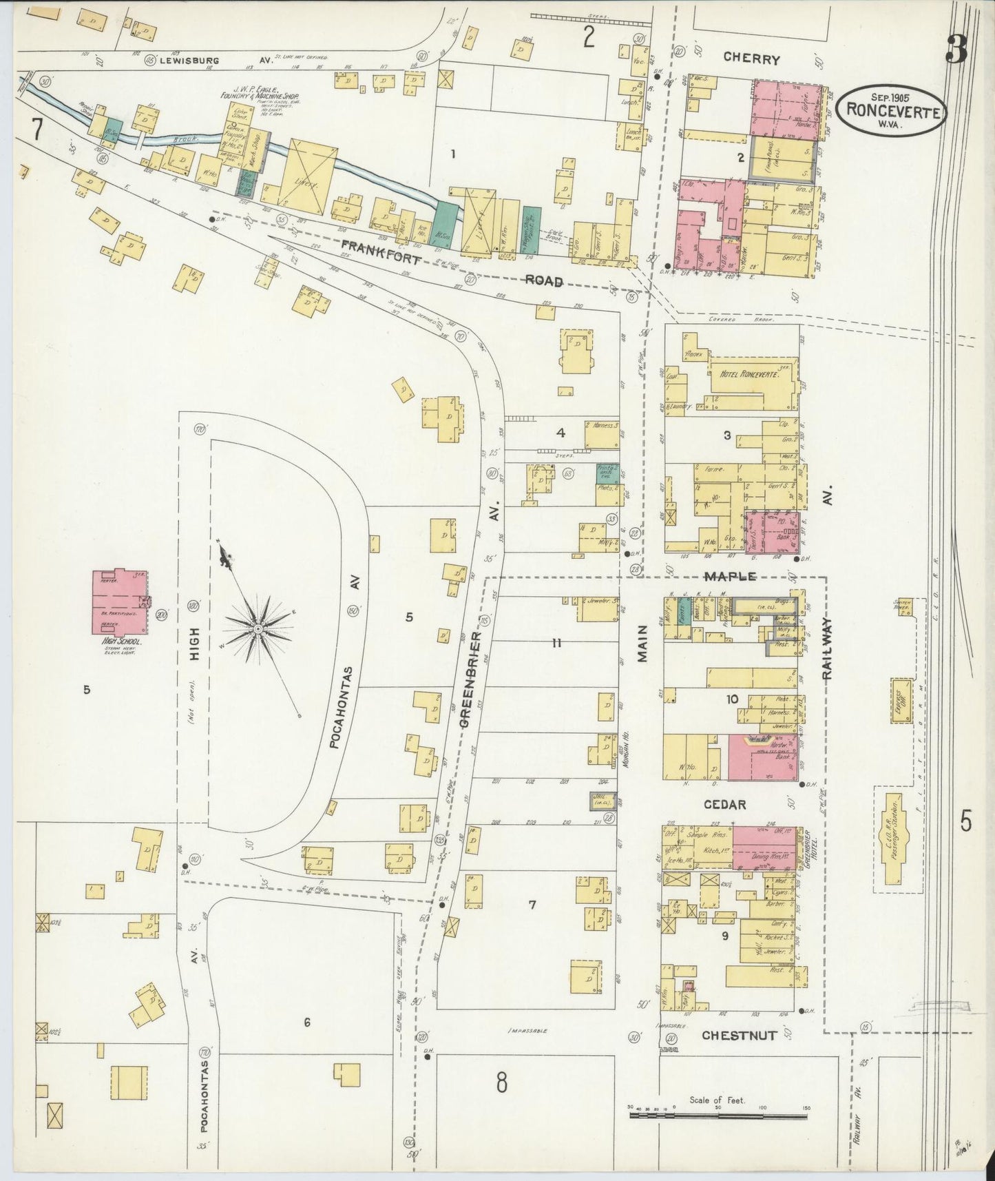Sanborn Fire Insurance Map from Ronceverte, Greenbrier County, West Virginia (1905), Sheet #0003 - Complete Map Set gallery image, historic Sanborn map, vintage wall art, West Virginia West Virginia