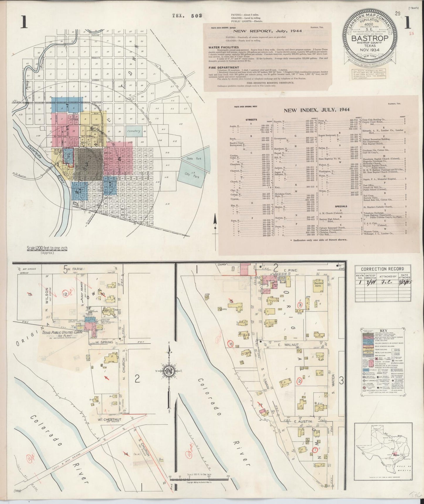 Sanborn Fire Insurance Map from Bastrop, Bastrop County, Texas (1944), Sheet #0001 - Complete Map Set gallery image, historic Sanborn map, vintage wall art, Texas Texas