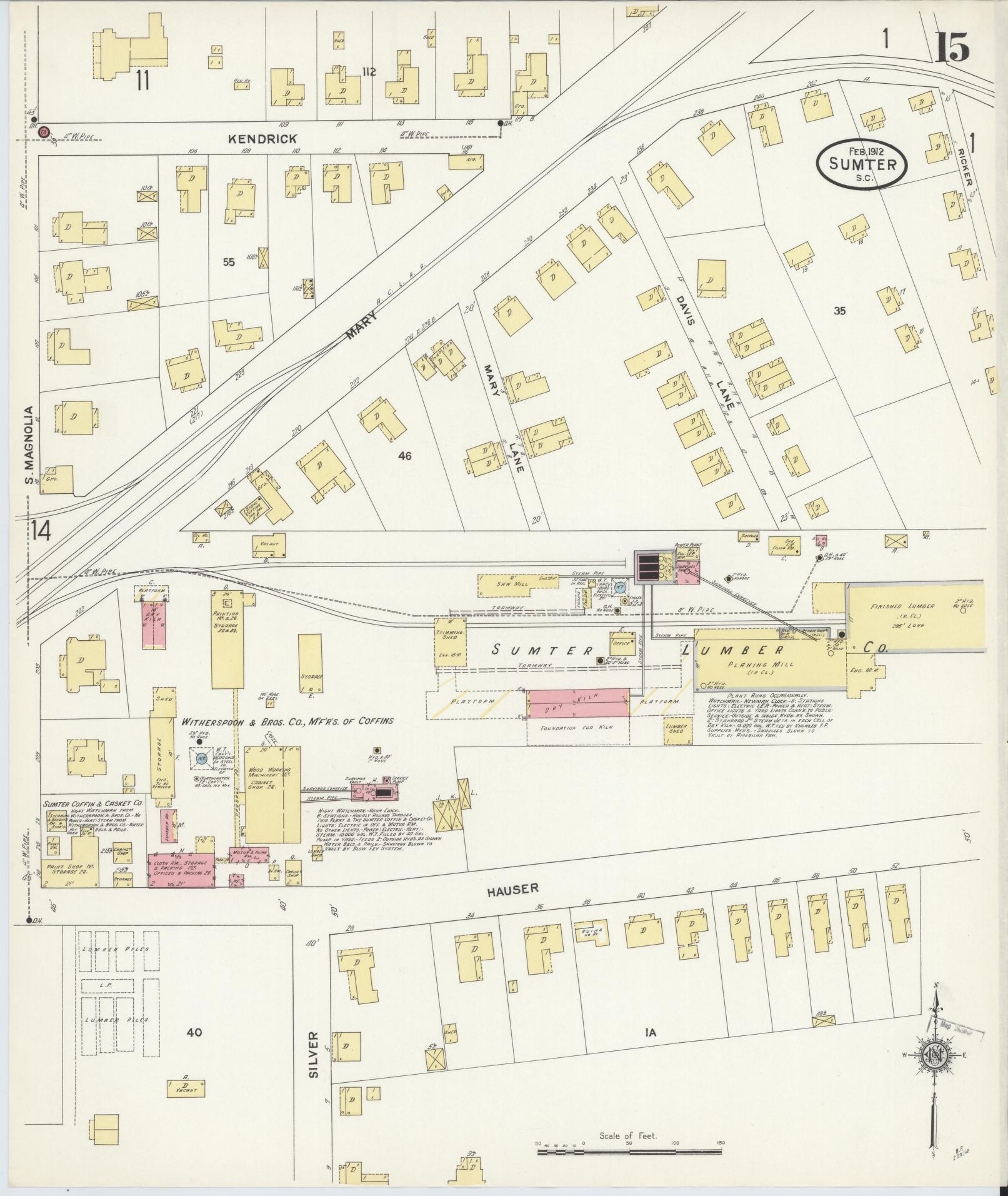 Sanborn Fire Insurance Map from Sumter, Sumter County, South Carolina (1912), Sheet #0015 - Historic Sanborn Fire Insurance Map Print, vintage old map wall art, antique decor, genealogy gift, South Carolina South Carolina map