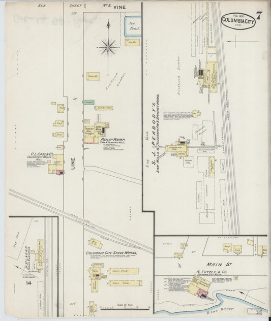 Sanborn Fire Insurance Map from Columbia City, Whitley County, Indiana (1890), Sheet #0007 - Historic Sanborn Fire Insurance Map Print, vintage old map wall art, antique decor, genealogy gift, Indiana Indiana map