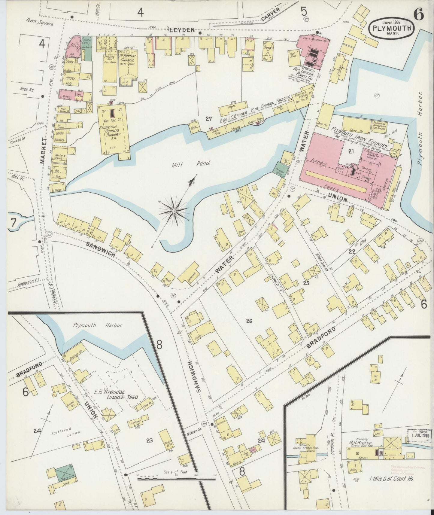 Sanborn Fire Insurance Map from Plymouth, Plymouth County, Massachusetts (1896), Sheet #0006 - Historic Sanborn Fire Insurance Map Print, vintage old map wall art, antique decor, genealogy gift, Massachusetts Massachusetts map