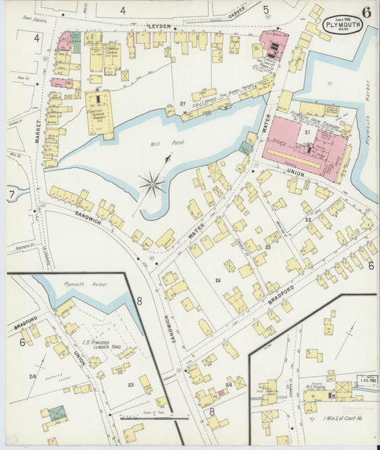 Sanborn Fire Insurance Map from Plymouth, Plymouth County, Massachusetts (1896), Sheet #0006 - Historic Sanborn Fire Insurance Map Print, vintage old map wall art, antique decor, genealogy gift, Massachusetts Massachusetts map