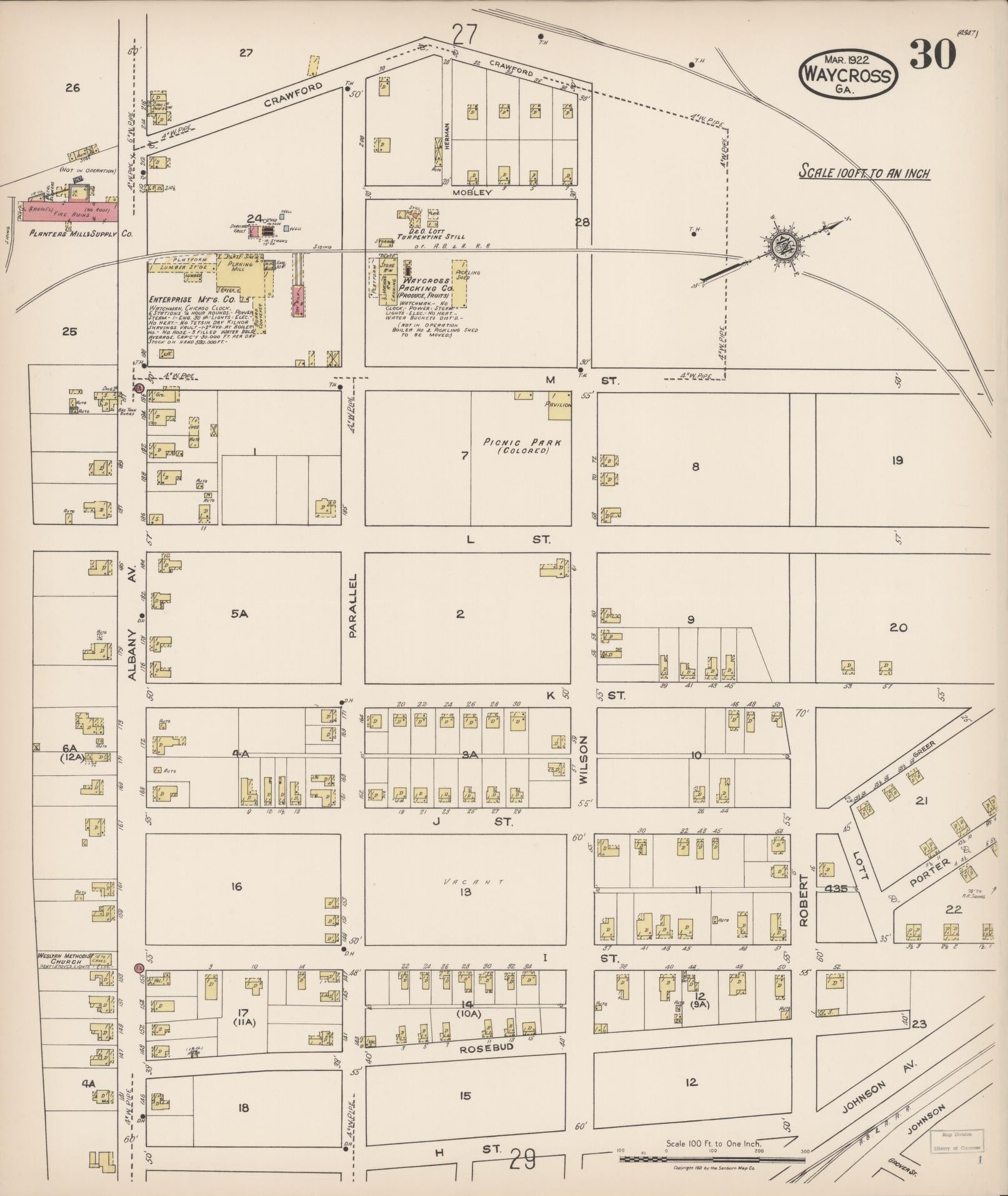 Sanborn Fire Insurance Map from Waycross, Ware County, Georgia (1922), Sheet #0030 - Complete Map Set gallery image, historic Sanborn map, vintage wall art, Georgia Georgia