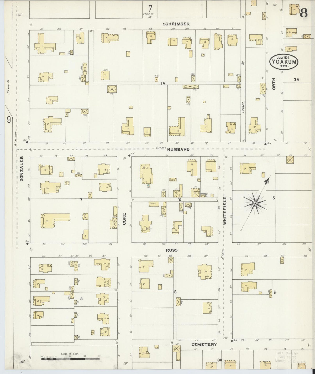 Sanborn Fire Insurance Map from Yoakum, De Witt And Lavaca Counties, Texas (1904), Sheet #0008 - Historic Sanborn Fire Insurance Map Print, vintage old map wall art, antique decor, genealogy gift, Texas Texas map