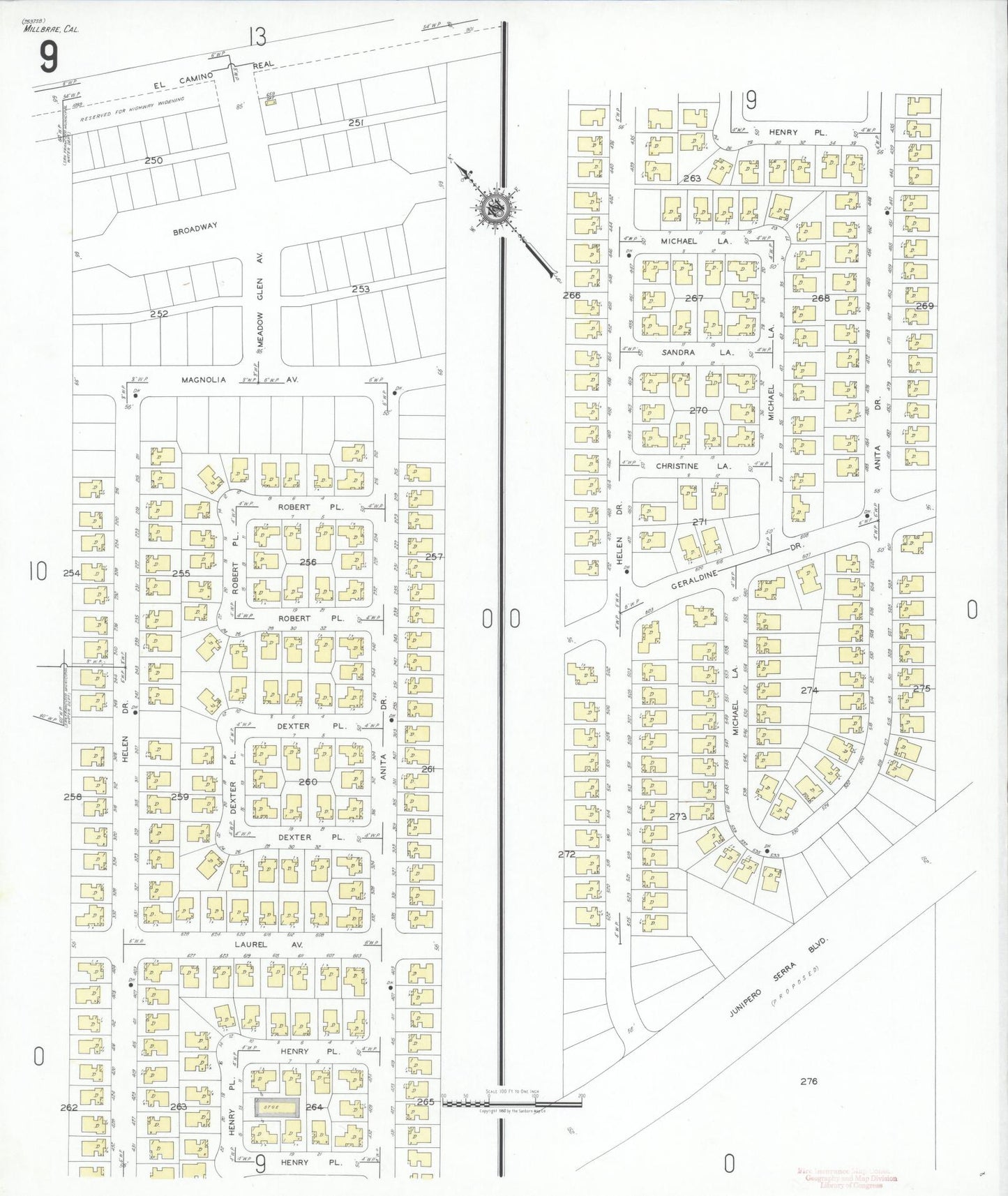 Sanborn Fire Insurance Map from Millbrae, San Mateo County, California (1949), Sheet #0009 - Historic Sanborn Fire Insurance Map Print, vintage old map wall art, antique decor, genealogy gift, California California map