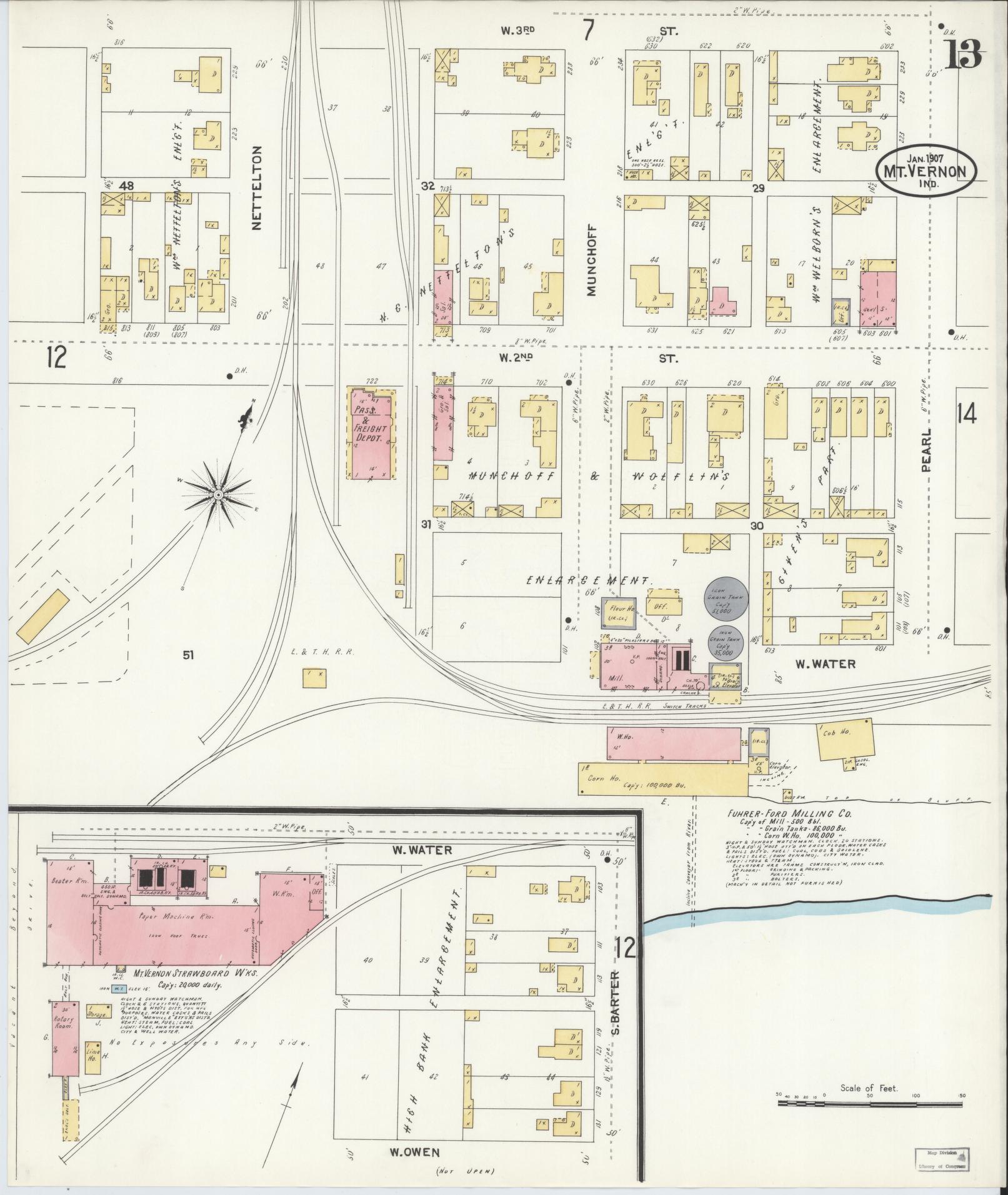 Sanborn Fire Insurance Map from Mount Vernon, Posey County, Indiana (1907), Sheet #0013 - Historic Sanborn Fire Insurance Map Print, vintage old map wall art, antique decor, genealogy gift, Indiana Indiana map