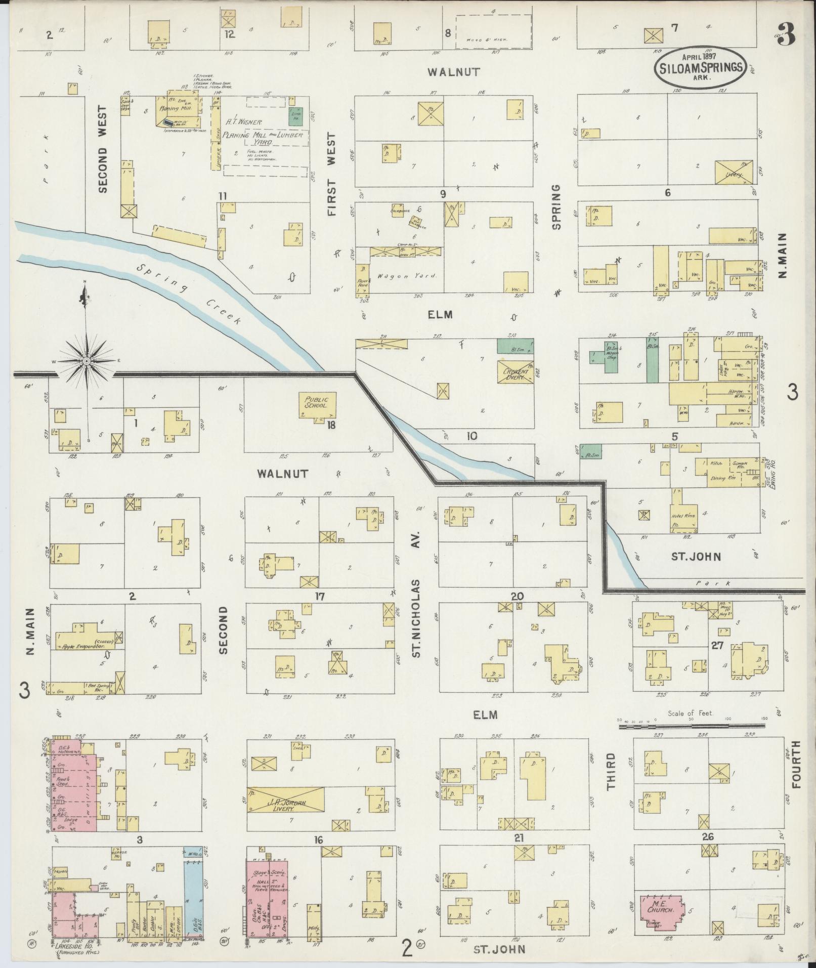 Sanborn Fire Insurance Map from Siloam Springs, Benton County, Arkansas (1897), Sheet #0003 - Complete Map Set gallery image, historic Sanborn map, vintage wall art, Arkansas Arkansas