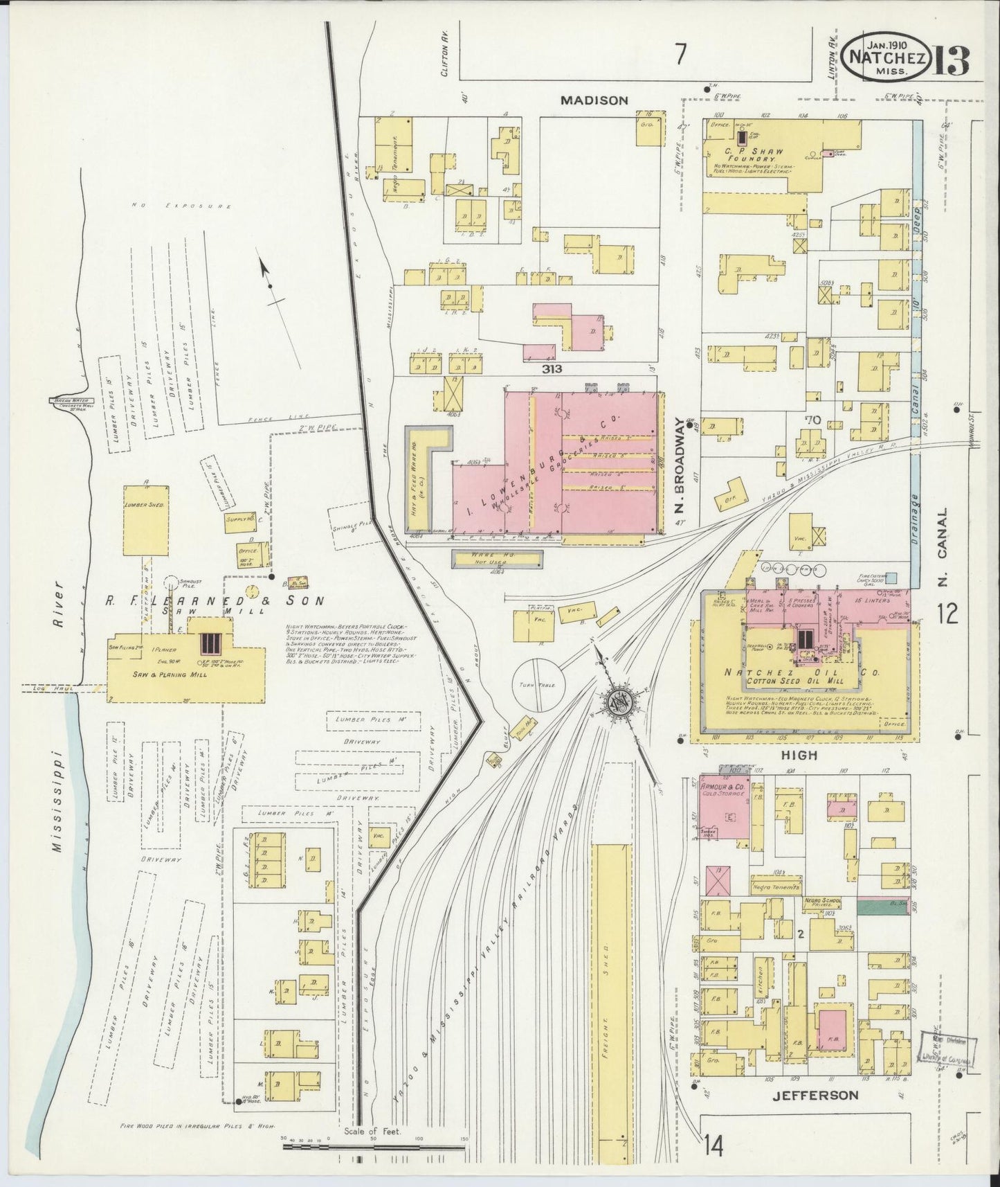 Sanborn Fire Insurance Map from Natchez, Adams County, Mississippi (1910), Sheet #0013 - Complete Map Set gallery image, historic Sanborn map, vintage wall art, Mississippi Mississippi