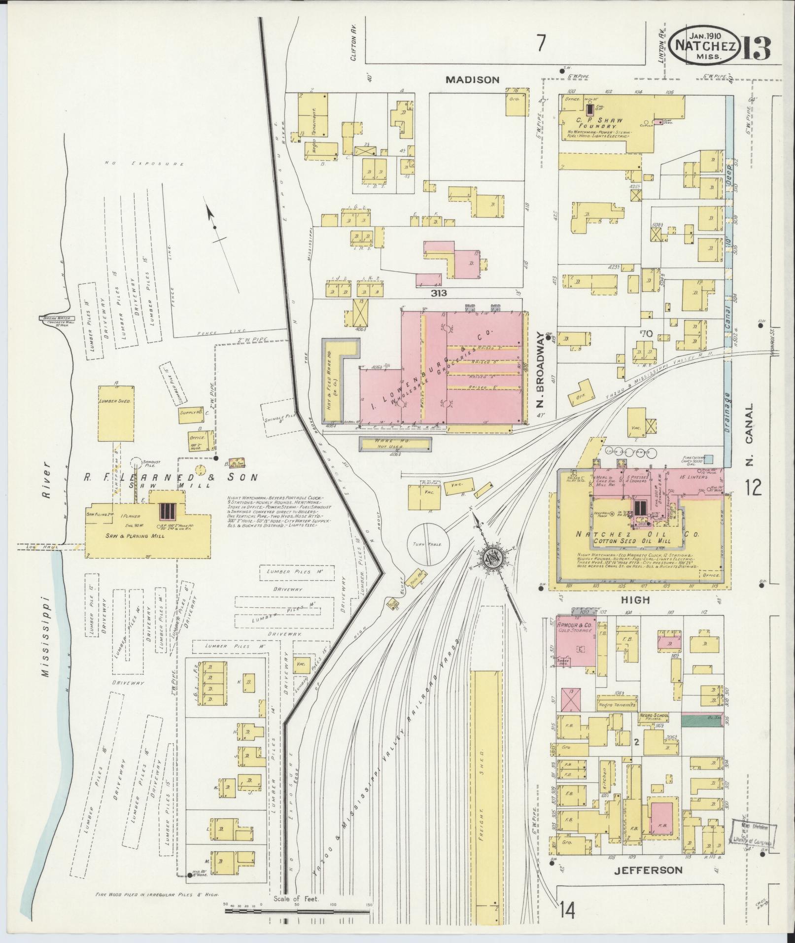 Sanborn Fire Insurance Map from Natchez, Adams County, Mississippi (1910), Sheet #0013 - Complete Map Set gallery image, historic Sanborn map, vintage wall art, Mississippi Mississippi
