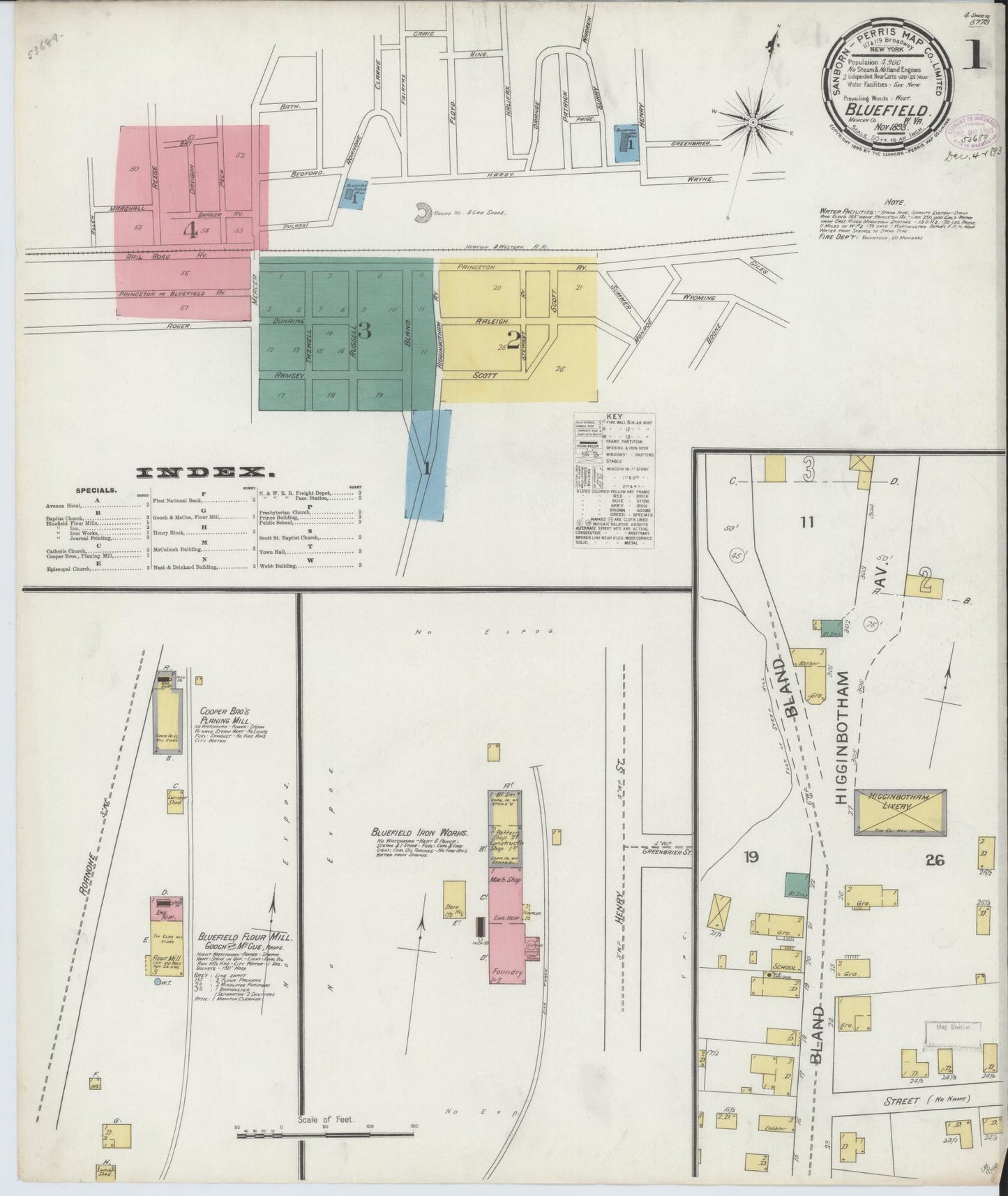 Sanborn Fire Insurance Map from Bluefield, Mercer County, West Virginia (1893), Sheet #0001 - Complete Map Set gallery image, historic Sanborn map, vintage wall art, West Virginia West Virginia