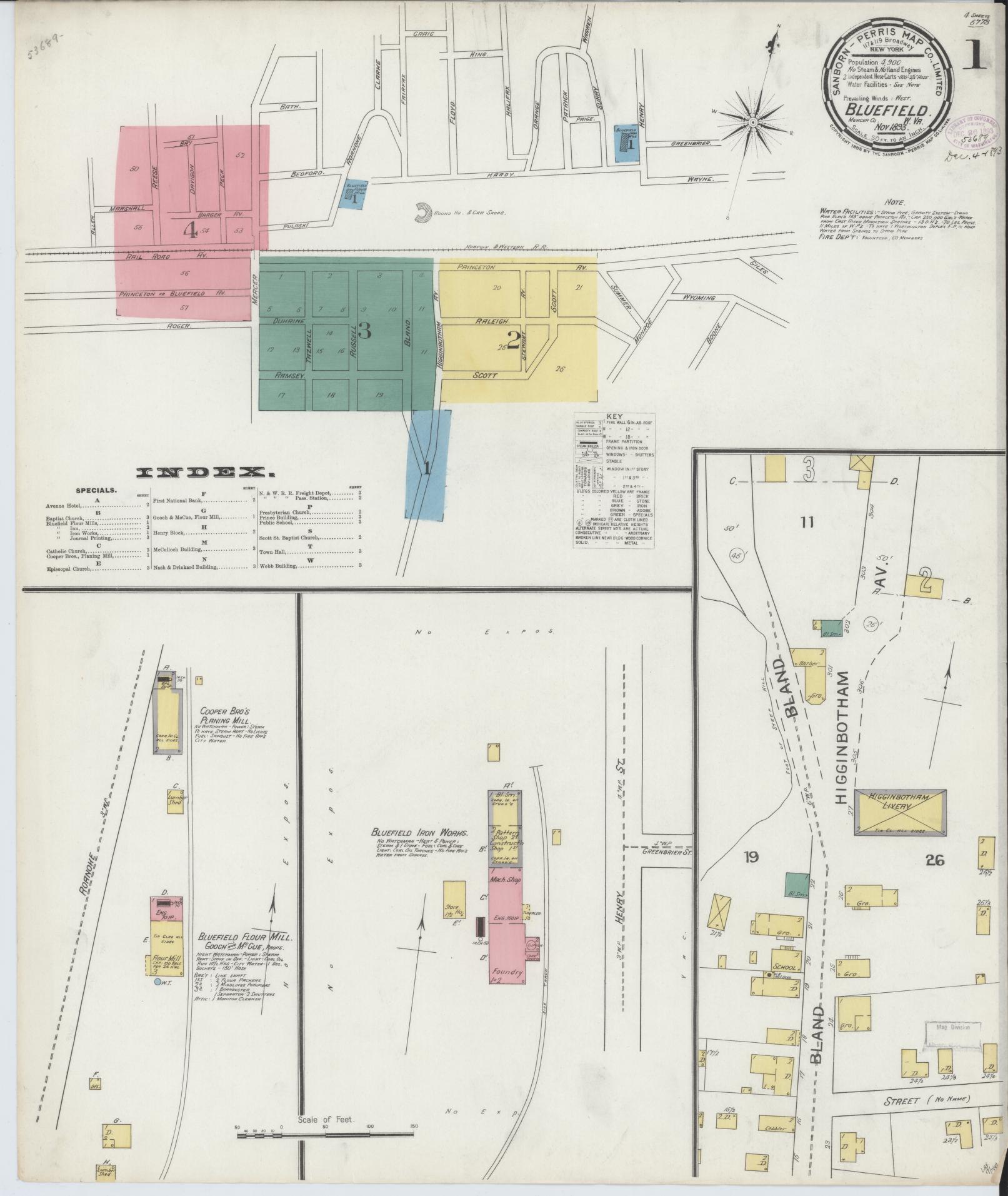 Sanborn Fire Insurance Map from Bluefield, Mercer County, West Virginia (1893), Sheet #0001 - Complete Map Set gallery image, historic Sanborn map, vintage wall art, West Virginia West Virginia