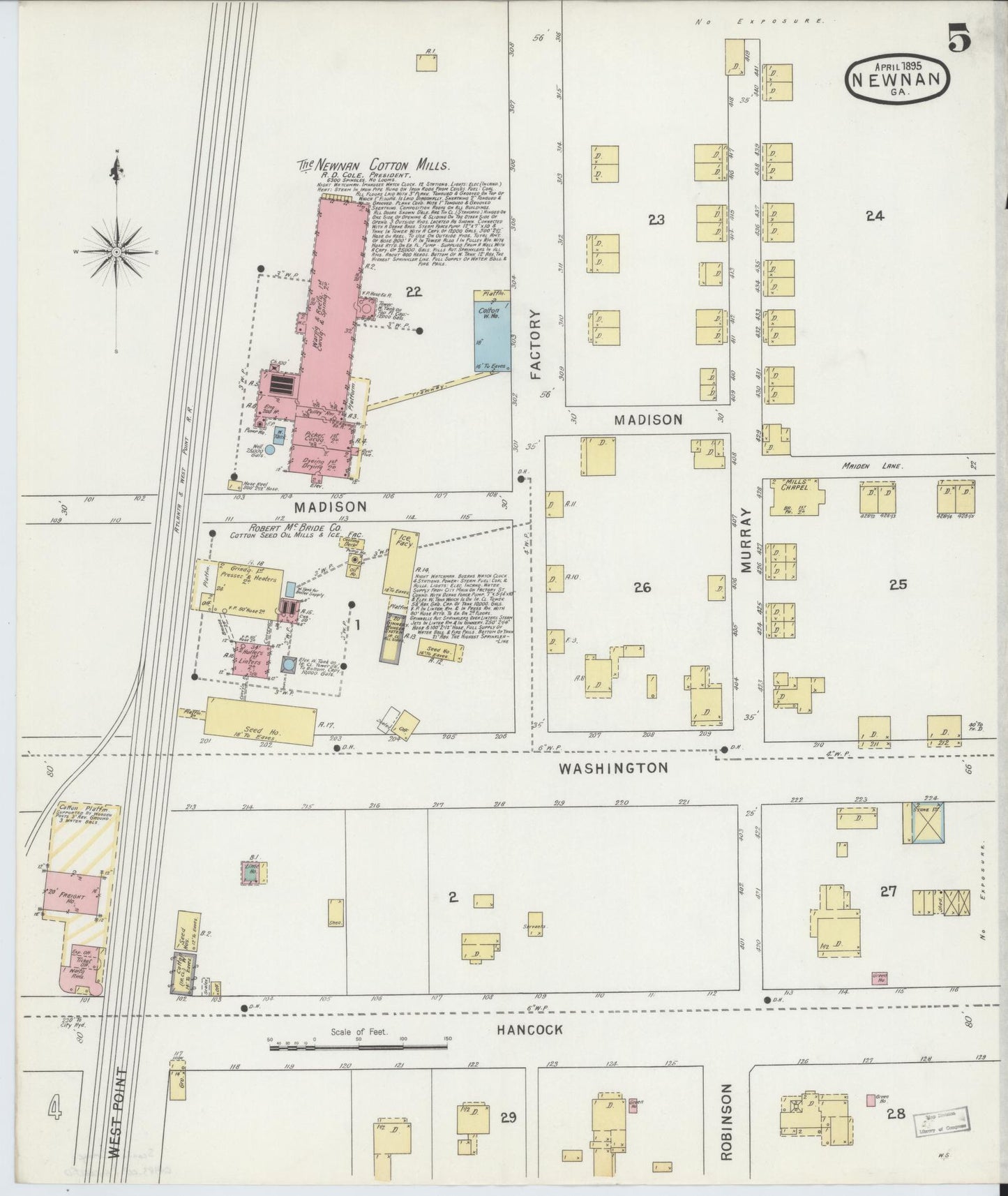 Sanborn Fire Insurance Map from Newnan, Coweta County, Georgia (1895), Sheet #0005 - Complete Map Set gallery image, historic Sanborn map, vintage wall art, Georgia Georgia