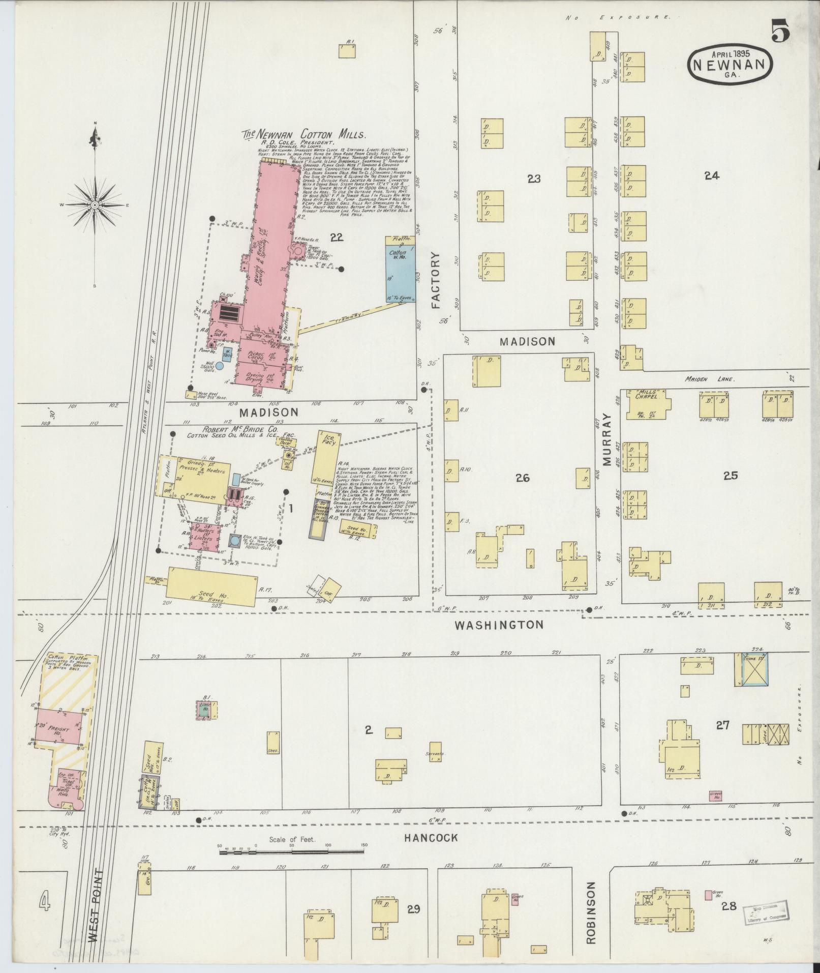 Sanborn Fire Insurance Map from Newnan, Coweta County, Georgia (1895), Sheet #0005 - Complete Map Set gallery image, historic Sanborn map, vintage wall art, Georgia Georgia
