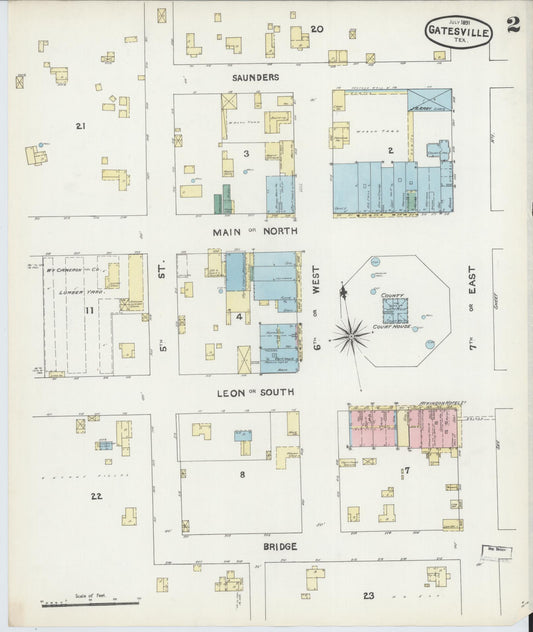 Sanborn Fire Insurance Map from Gatesville, Coryell County, Texas (1891), Sheet #0002 - Historic Sanborn Fire Insurance Map Print, vintage old map wall art, antique decor, genealogy gift, Texas Texas map