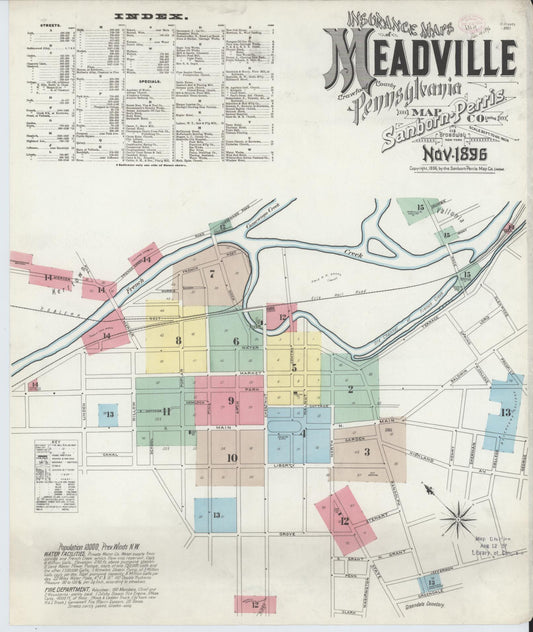 Sanborn Fire Insurance Map from Meadville, Crawford County, Pennsylvania (1896), Sheet #0001 - Complete Map Set gallery image, historic Sanborn map, vintage wall art, Pennsylvania Pennsylvania