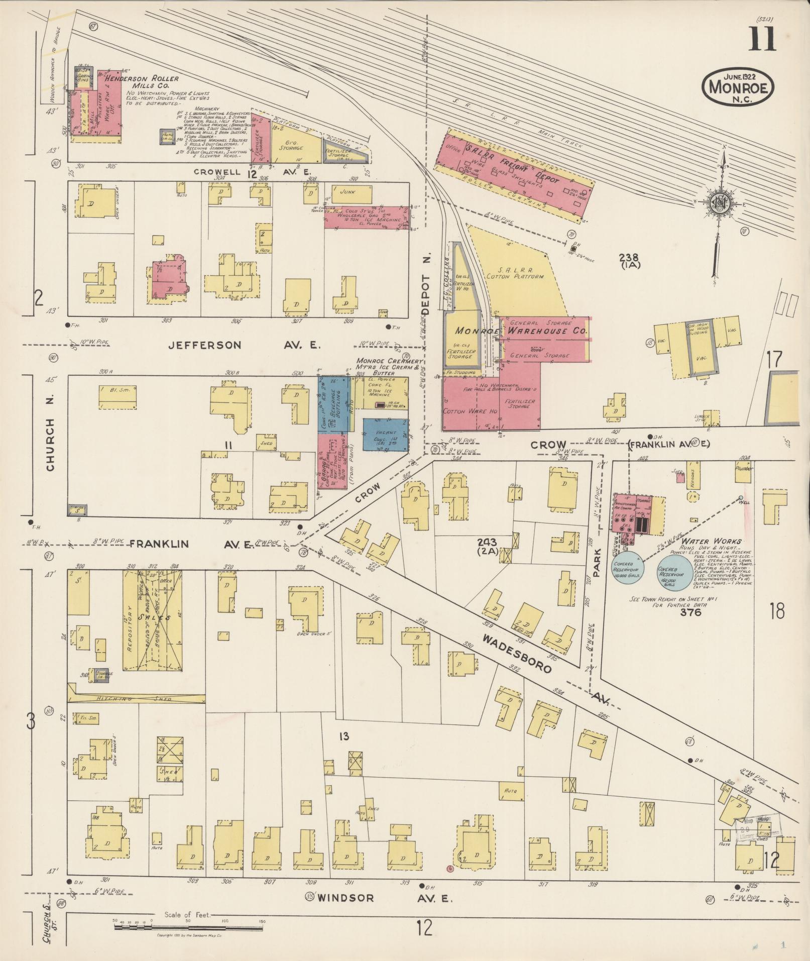 Sanborn Fire Insurance Map from Monroe, Union County, North Carolina (1922), Sheet #0011 - Complete Map Set gallery image, historic Sanborn map, vintage wall art, North Carolina North Carolina