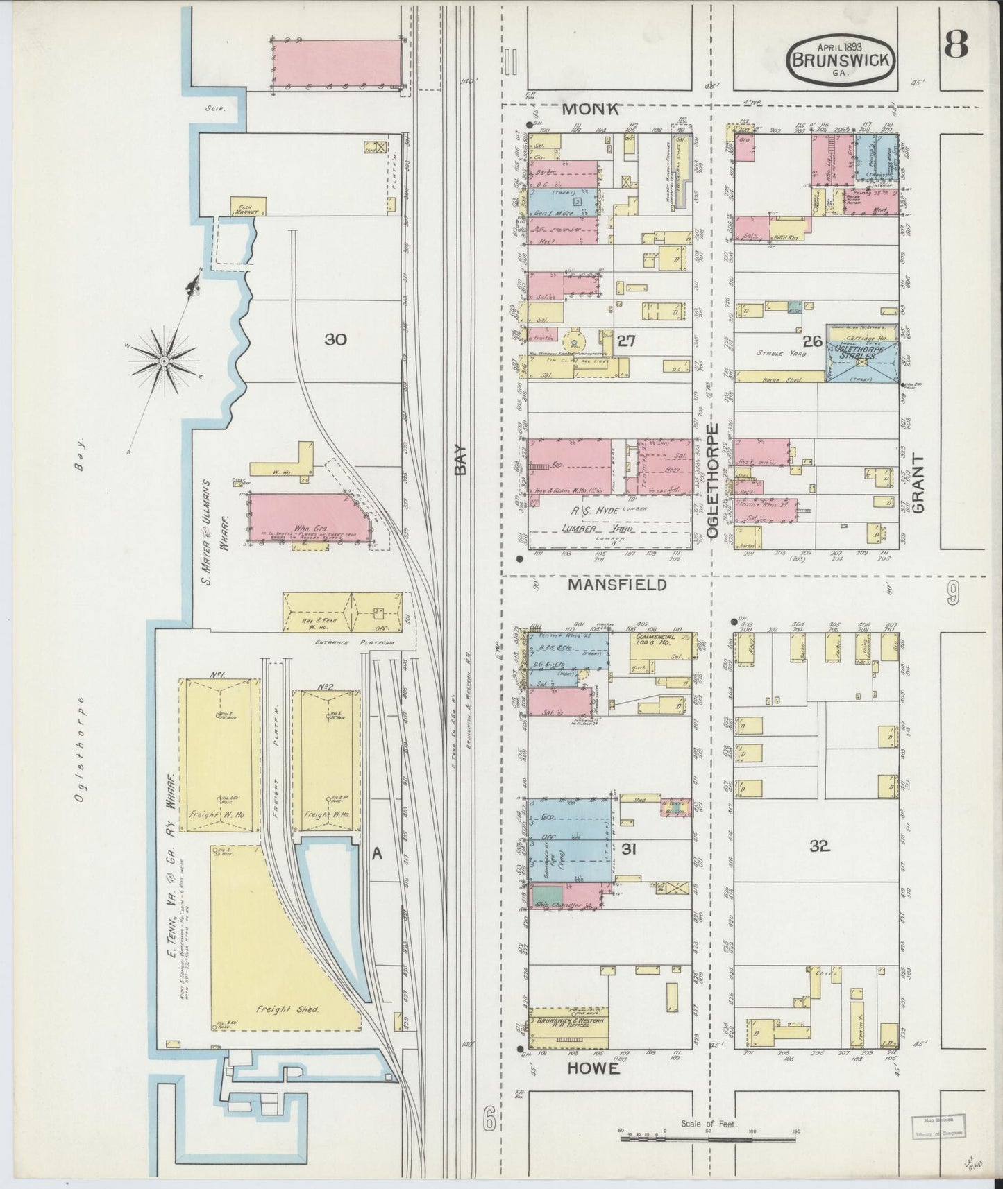 Sanborn Fire Insurance Map from Brunswick, Glynn County, Georgia (1893), Sheet #0008 - Historic Sanborn Fire Insurance Map Print, vintage old map wall art, antique decor, genealogy gift, Georgia Georgia map
