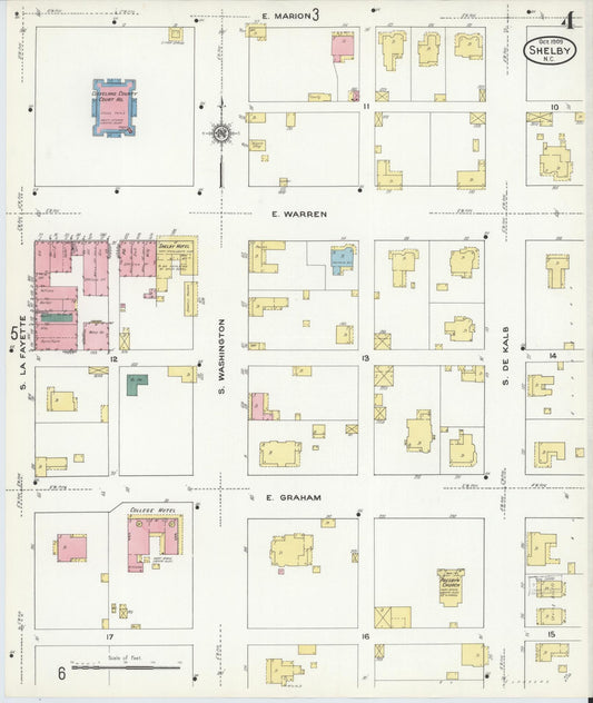 Sanborn Fire Insurance Map from Shelby, Cleveland County, North Carolina (1909), Sheet #0004 - Historic Sanborn Fire Insurance Map Print, vintage old map wall art, antique decor, genealogy gift, North Carolina North Carolina map
