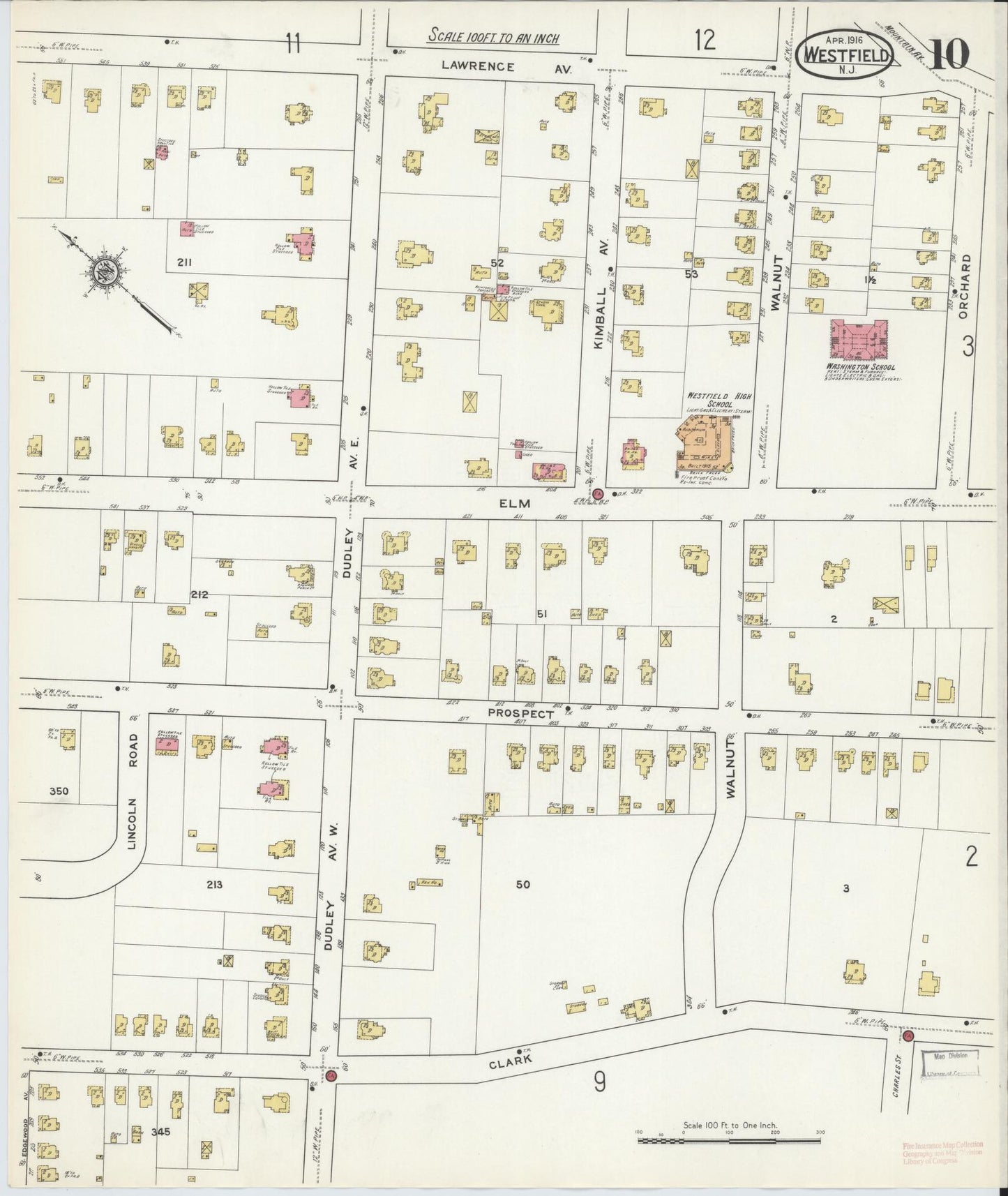 Sanborn Fire Insurance Map from Westfield, Union County, New Jersey (1916), Sheet #0010 - Historic Sanborn Fire Insurance Map Print, vintage old map wall art, antique decor, genealogy gift, New Jersey New Jersey map