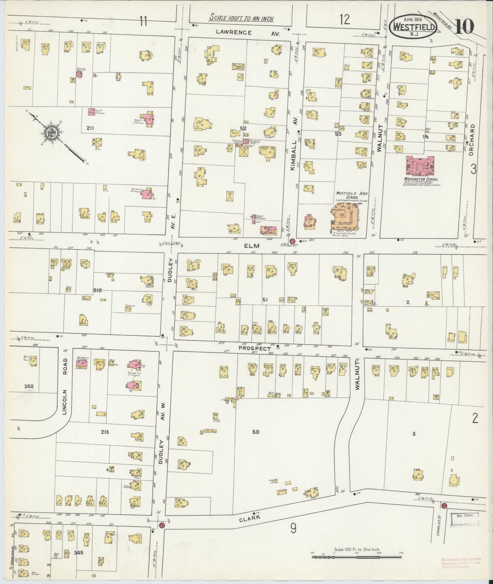 Sanborn Fire Insurance Map from Westfield, Union County, New Jersey (1916), Sheet #0010 - Historic Sanborn Fire Insurance Map Print, vintage old map wall art, antique decor, genealogy gift, New Jersey New Jersey map