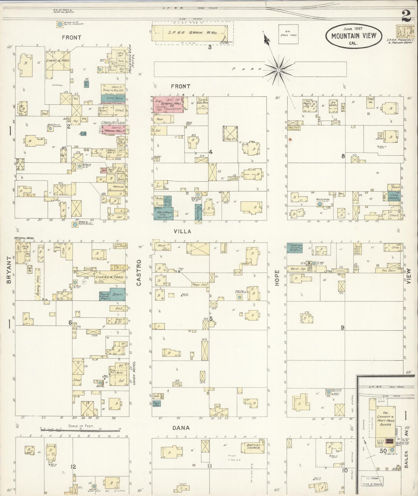 Sanborn Fire Insurance Map from Mountain View, Santa Clara County, California (1897), Sheet #0002 - Complete Map Set gallery image, historic Sanborn map, vintage wall art, California California