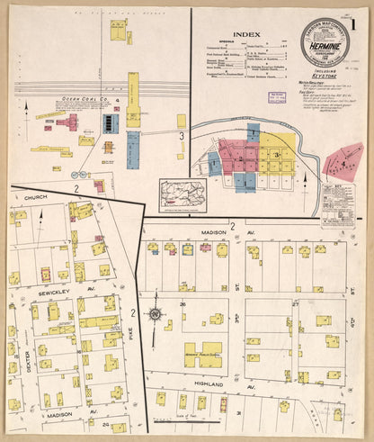 Sanborn Fire Insurance Map from Herminie, Westmoreland County, Pennsylvania (1916), Sheet #0001 - Historic Sanborn Fire Insurance Map Print, vintage old map wall art, antique decor, genealogy gift, Pennsylvania Pennsylvania map