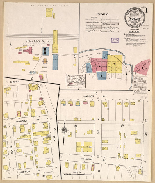 Sanborn Fire Insurance Map from Herminie, Westmoreland County, Pennsylvania (1916), Sheet #0001 - Historic Sanborn Fire Insurance Map Print, vintage old map wall art, antique decor, genealogy gift, Pennsylvania Pennsylvania map