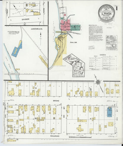 Sanborn Fire Insurance Map from L'Anse, Baraga County, Michigan (1922), Sheet #0001 - Historic Sanborn Fire Insurance Map Print, vintage old map wall art, antique decor, genealogy gift, Michigan Michigan map