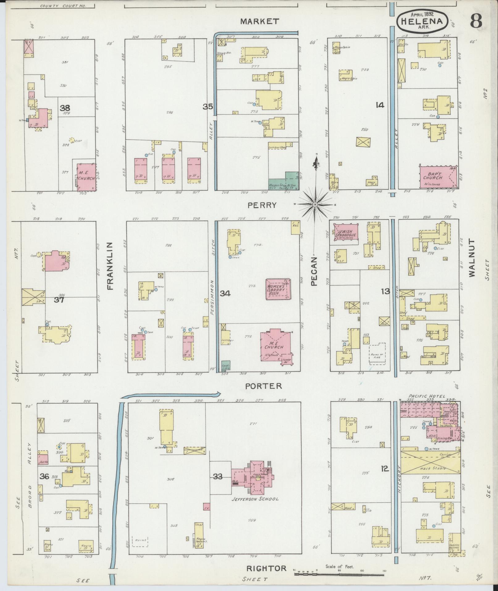 Sanborn Fire Insurance Map from Helena, Phillips County, Arkansas (1892), Sheet #0008 - Historic Sanborn Fire Insurance Map Print, vintage old map wall art, antique decor, genealogy gift, Arkansas Arkansas map