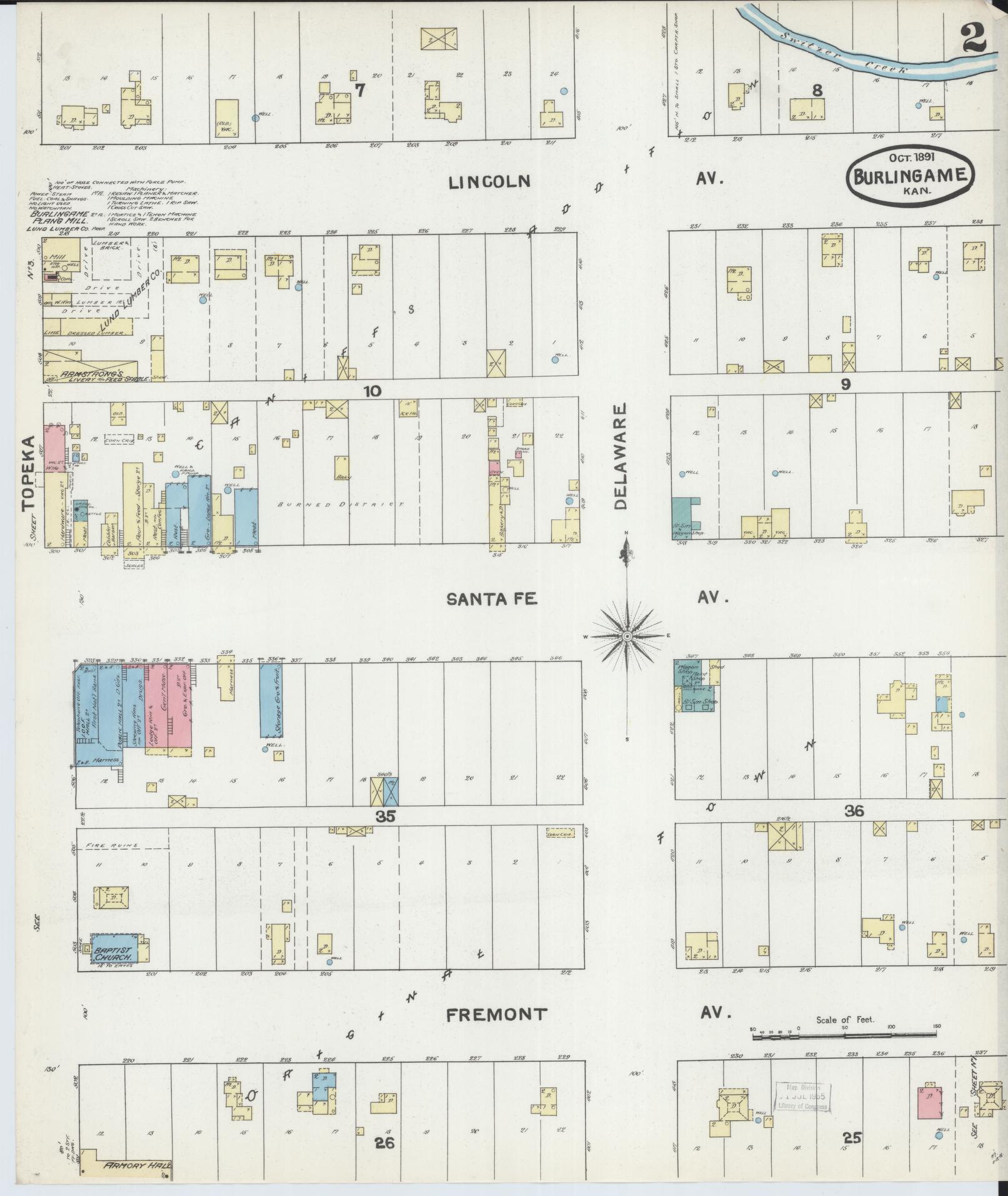 Sanborn Fire Insurance Map from Burlingame, Osage County, Kansas (1891), Sheet #0002 - Complete Map Set gallery image, historic Sanborn map, vintage wall art, Kansas Kansas