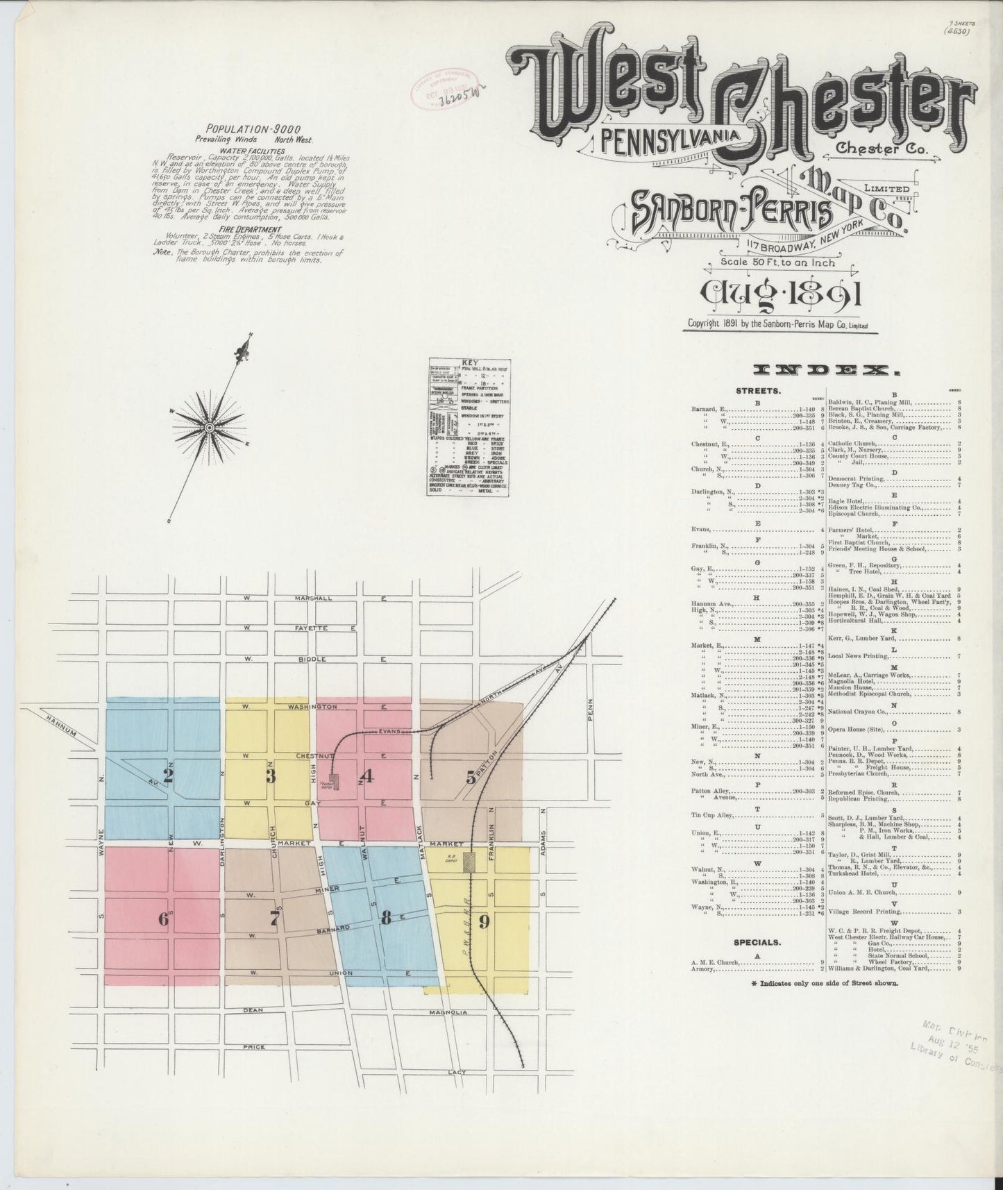 Sanborn Fire Insurance Map from West Chester, Chester County, Pennsylvania (1891), Sheet #0001 - Complete Map Set gallery image, historic Sanborn map, vintage wall art, Pennsylvania Pennsylvania